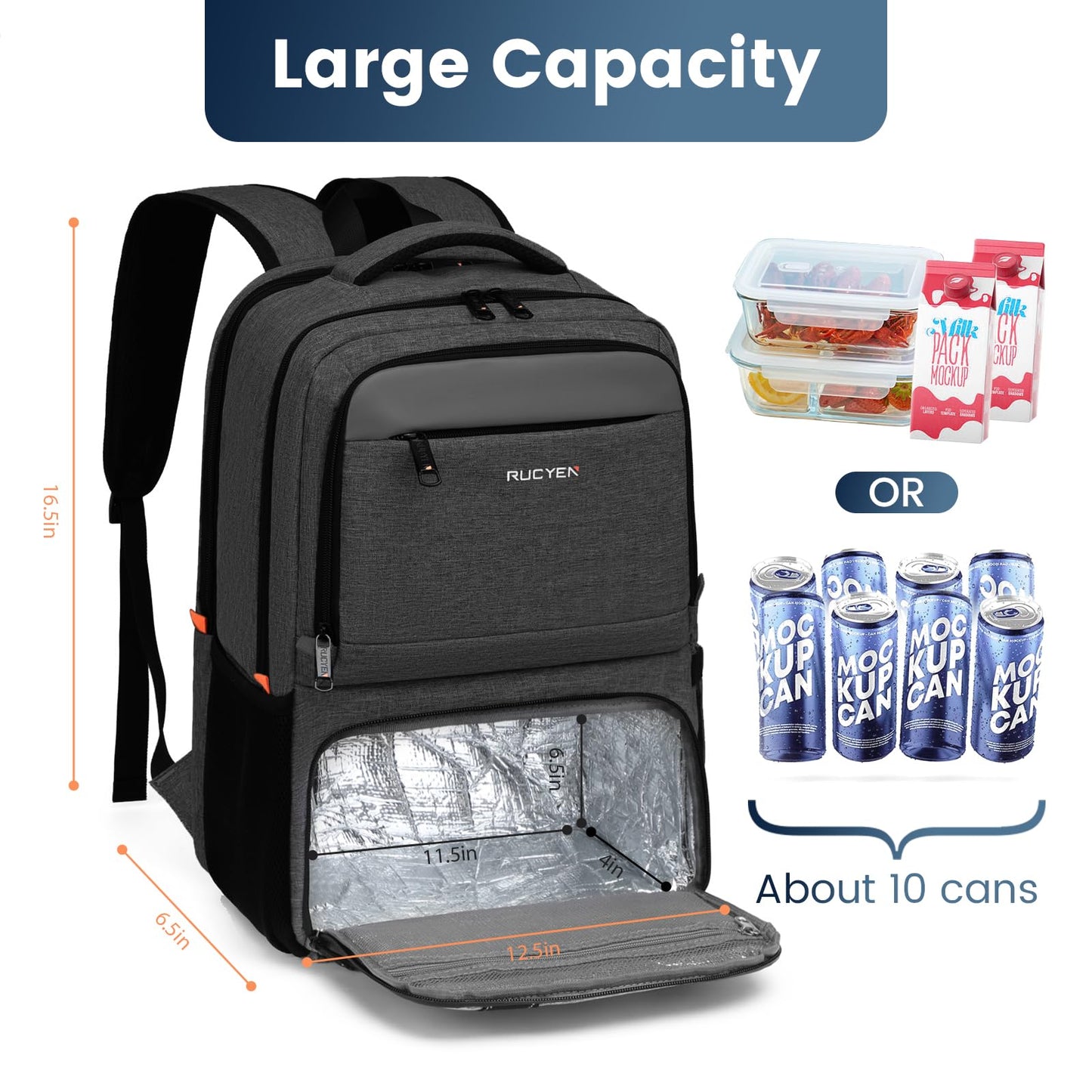 Lunch Backpack, Insulated Cooler Backpack Lunch Box for Men Women, 15.6 Inches RFID Blocking Laptop Backpack with USB Port, Water Resistant Leak-Proof Lunch Bag for Work School Picnics Hiking Black