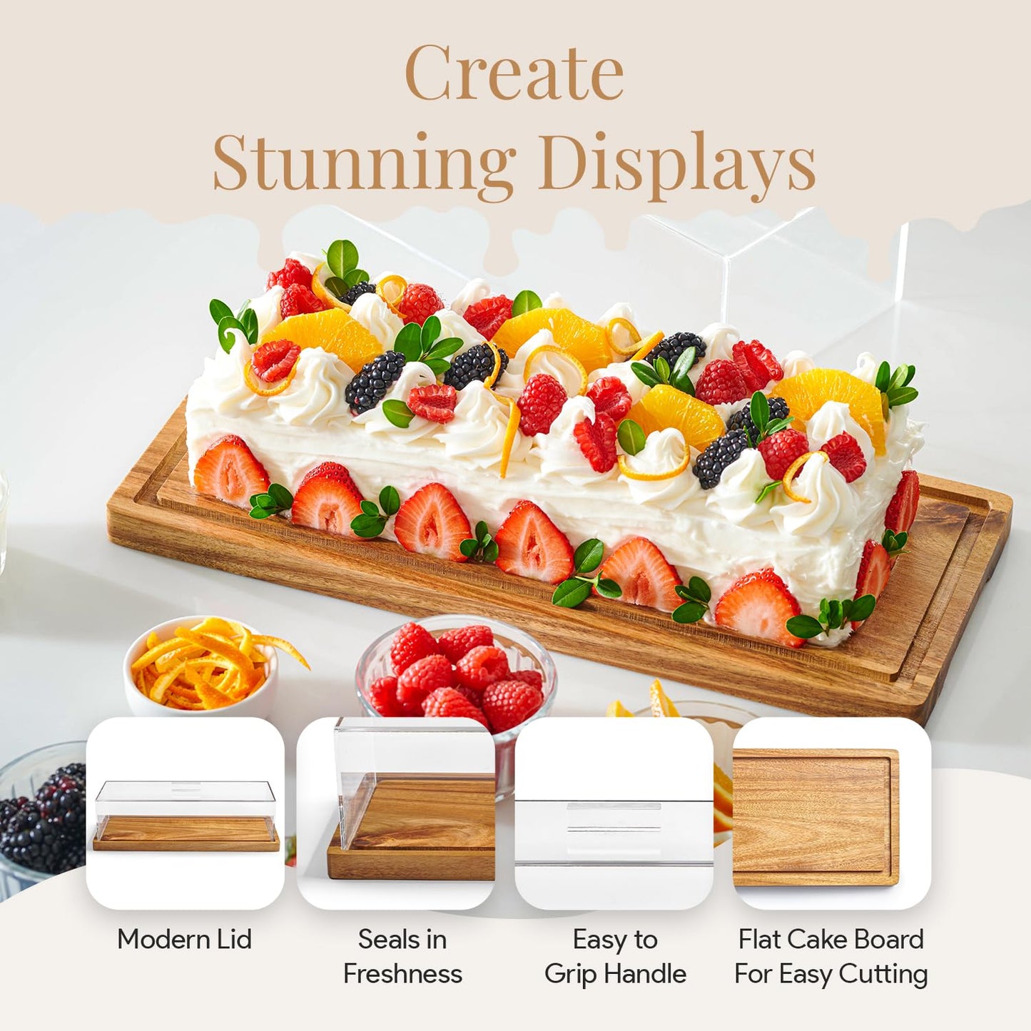 HOMESPHERE Cake Display with Lid – Acacia Wood Dessert Stand & Wooden Charcuterie Board with Lid for Loaf Cakes, Bread, Pastries, Cheese, Large Rectangle Wood Tray Platter & Acrylic Cover, 15 x 6.25”