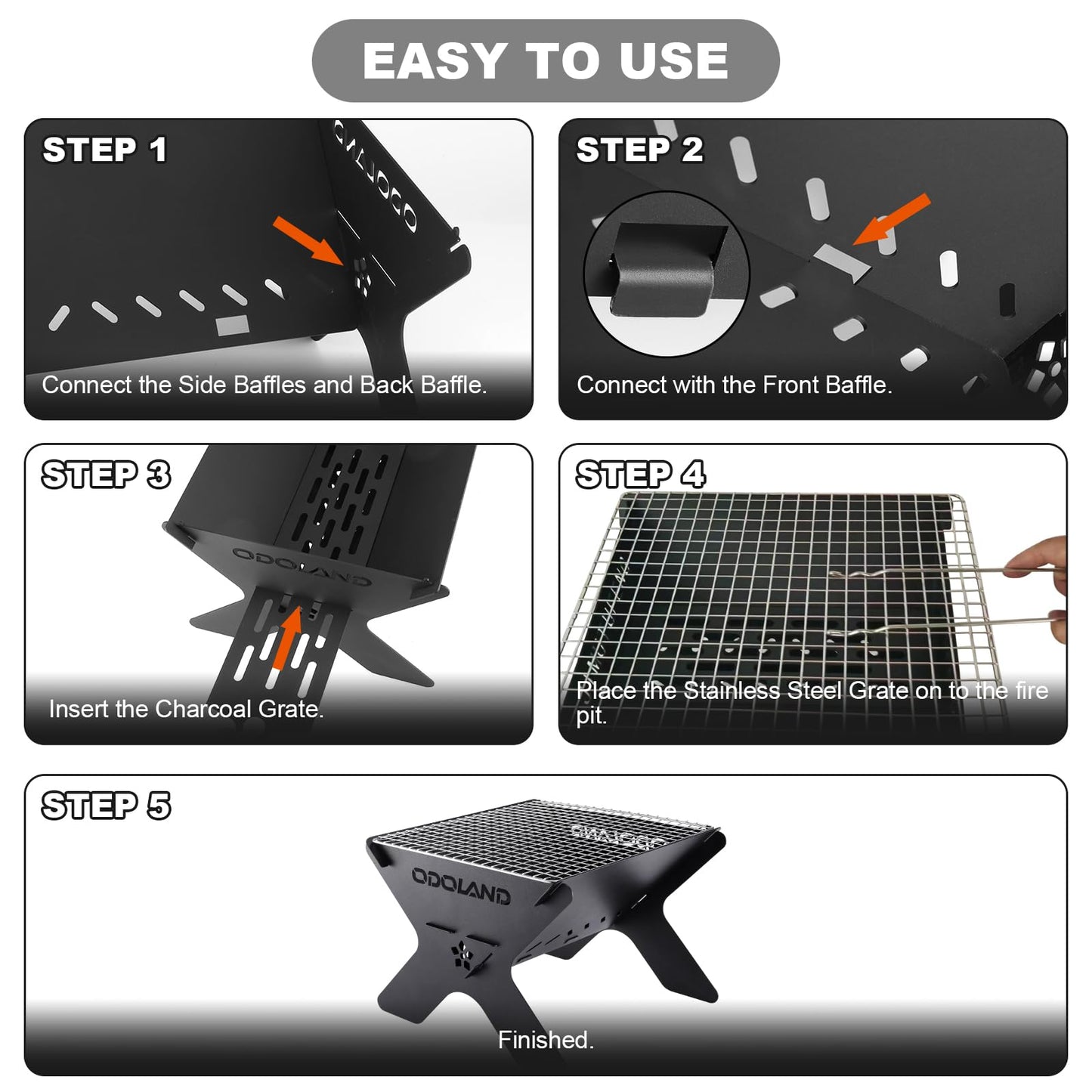 Odoland Camping Fire Pit, Portable Fire Pit for Camping, 2 in 1 Wood Burning Fire Grill with Detachable Cooking Grate for Outside BBQ, with Carry Bag