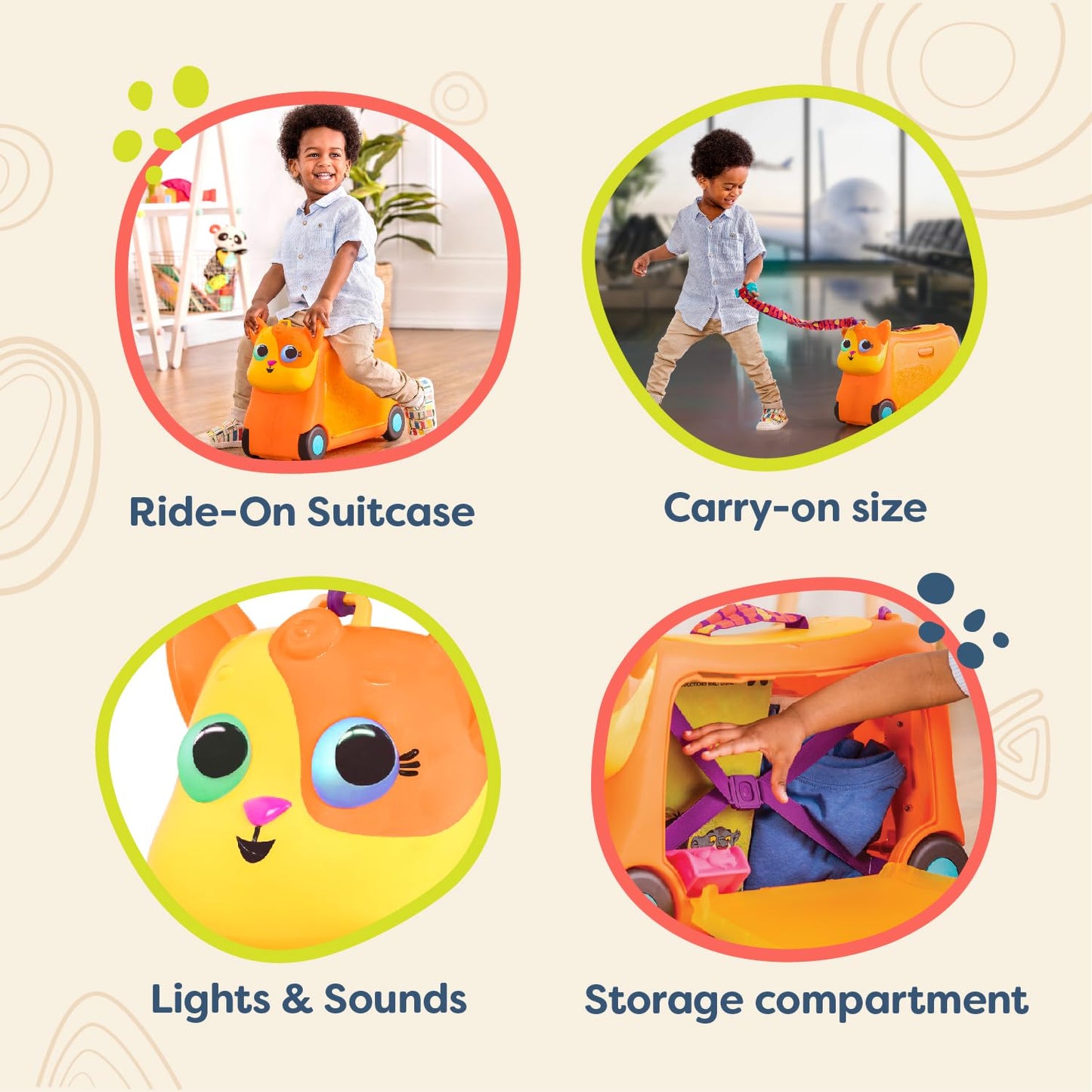 B. toys – On The Go – Lolo Ride-On Suitcase for Kids – Rolling Luggage with Storage Space - Travel & Play – Fun Animal Design for Toddlers 2+ Years
