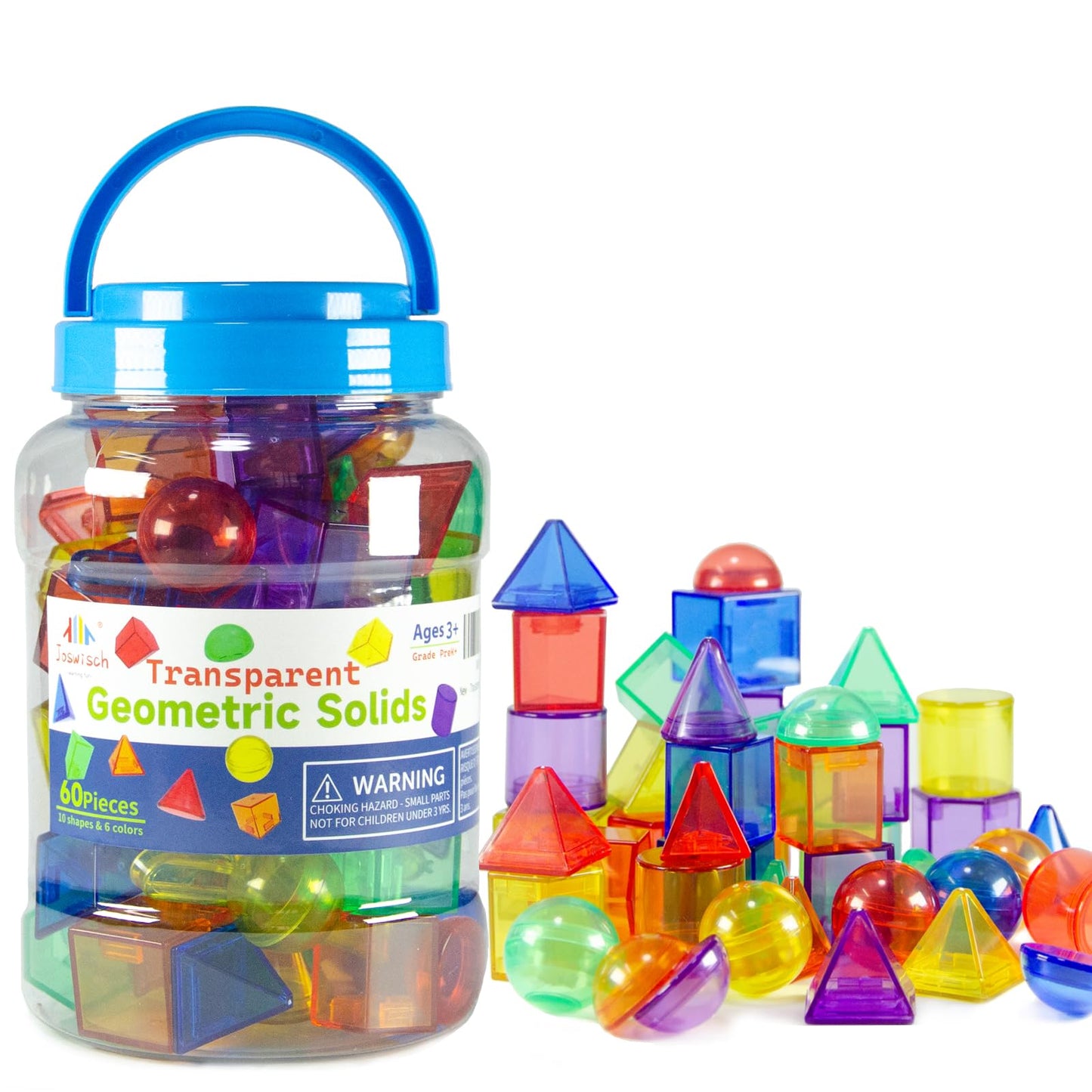 Joswisch 60 PCS 3D Shapes for Teaching, Geometric Solids - Geometric Shapes for Kids, Light Table Manipulatives, 3D Shapes Light Table Toys, Math Manipulatives for Classroom