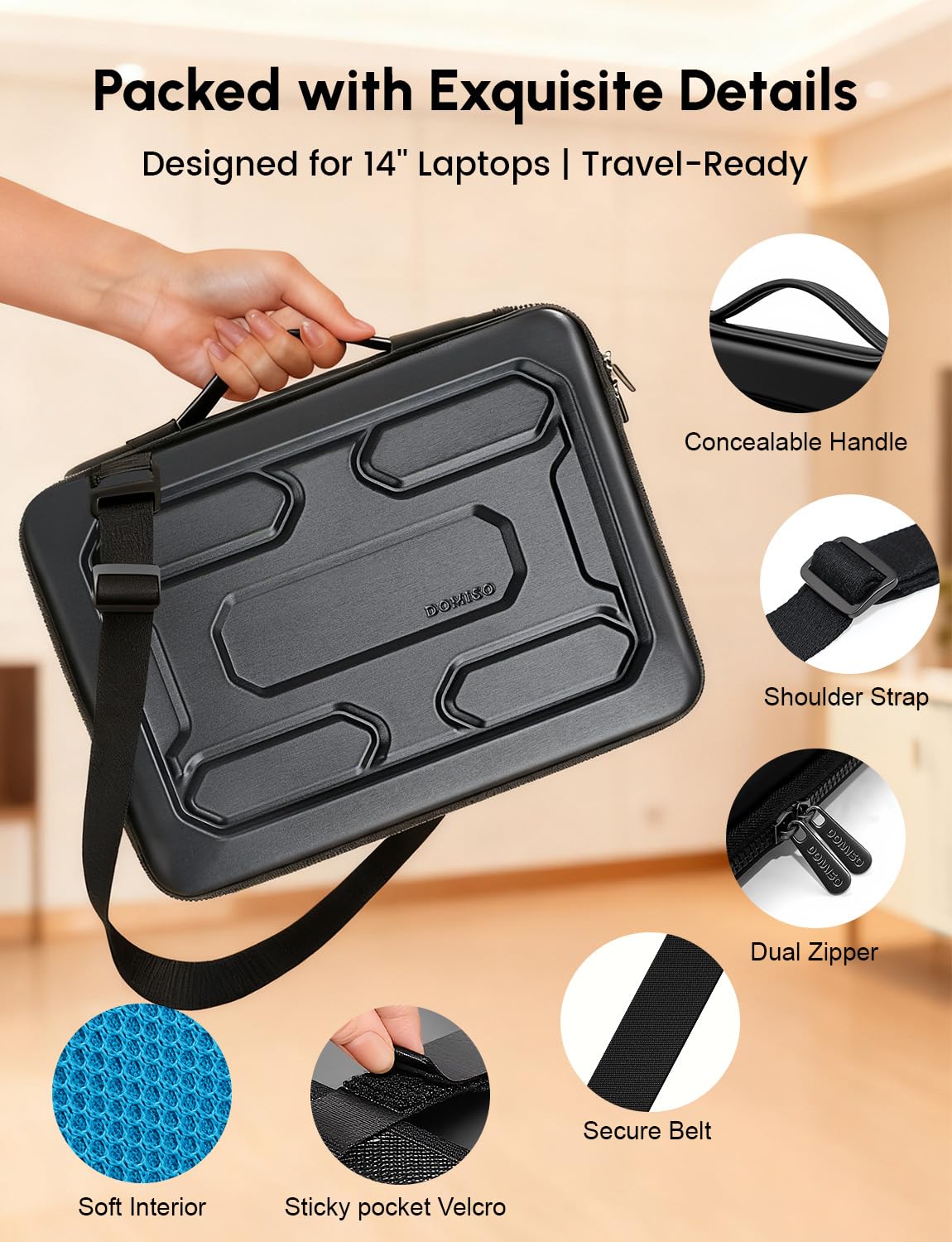 DOMISO 14 inch Laptop Sleeve Shoulder Bag Shockproof Waterproof Computer Bag EVA Protective Carrying Case Handbag for 14" ThinkPad E480/Yoga 920/13.5" Microsoft Surface Book/HP Pavilion 14 Stream 14