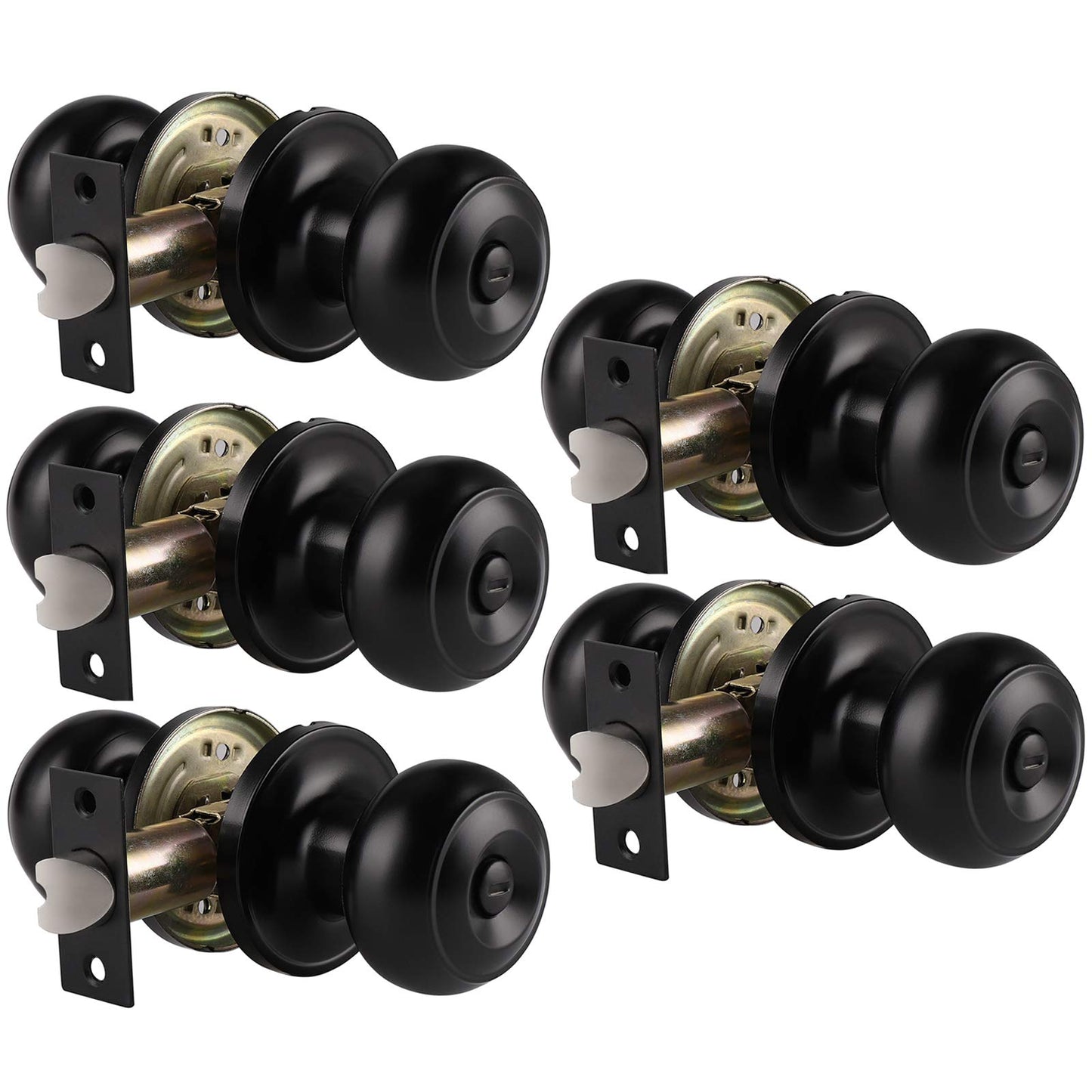 Probrico Interior Door Knobs with Lock Matte Black Finish, Reversible Door Handles Keyless, Indoor Privacy Door Locking Flat Ball Knob for Bedroom/Bathroom, 5 Pack
