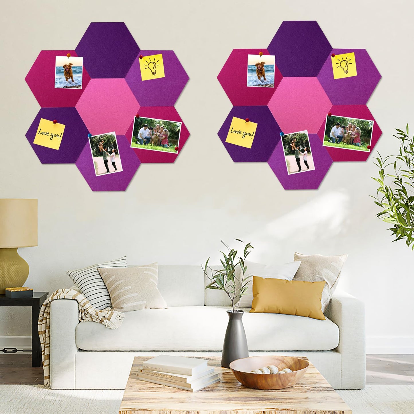 HULAVO 16Pcs Hexagon Felt Cork Board Tiles, Self Adhesive DIY Felt Bulletin Board Pin Board with 70 Pushpins for Office School Home Wall Decor Stickers Memos Photos Display(Gradual Purple)