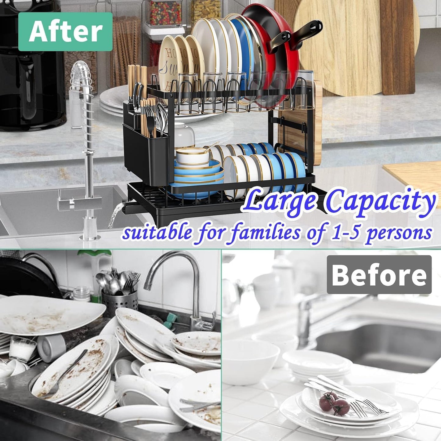 Dish Drying Rack for Kitchen Counter, Stainless Steel Sink Organization and Storage Essentials with Cutlery Holder, Large 2Tier Dish Rack with Drainer Board, Multi-Use Utensil Organizer and Cup Holder