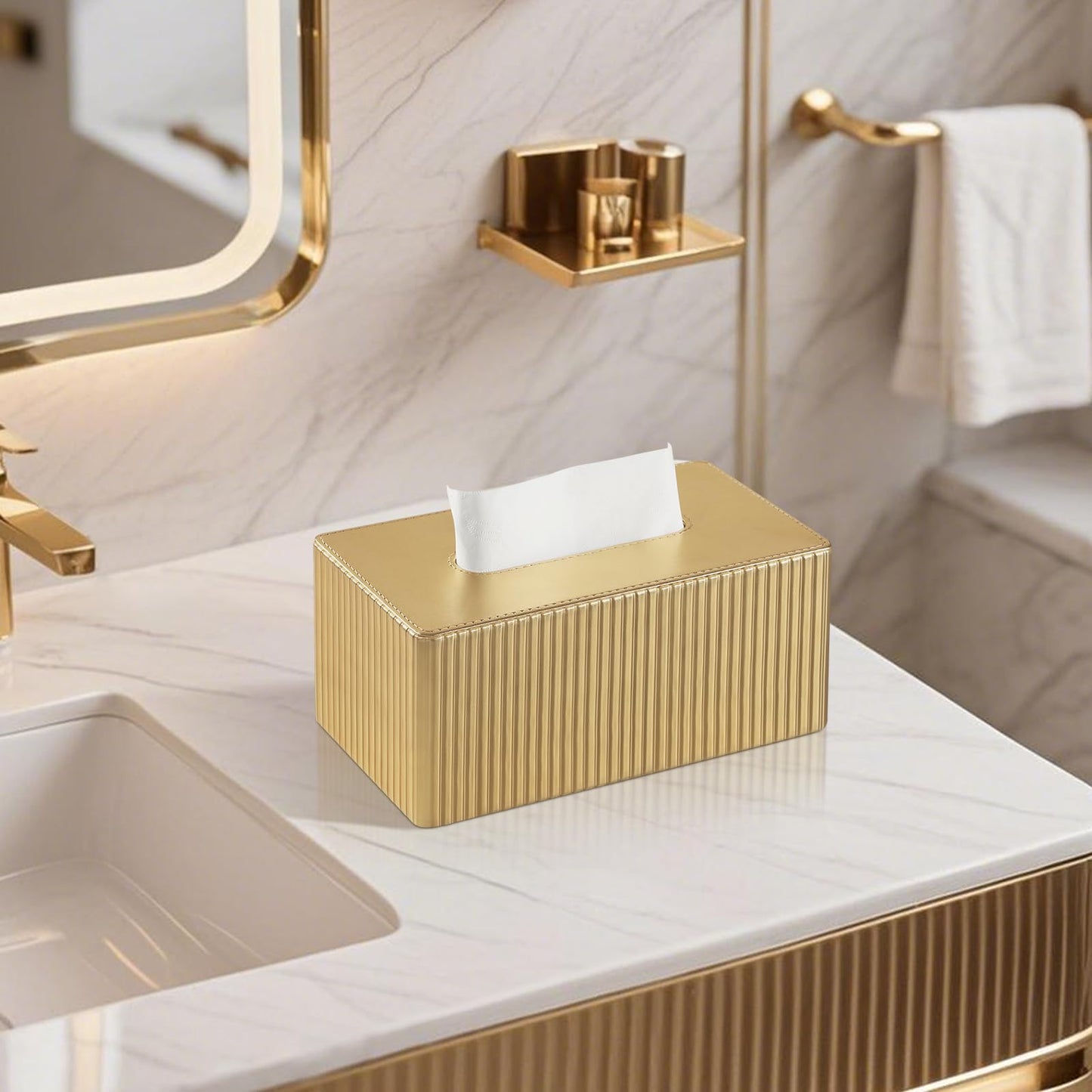 MEIBOOCH PU Leather Tissue Box Cover Square, Cube Tissue Box Holder with Magnetic Closure, Decorative Tissue Holder for Bathroom Bedroom Office (Gold, Rectangle Height of 4 in)