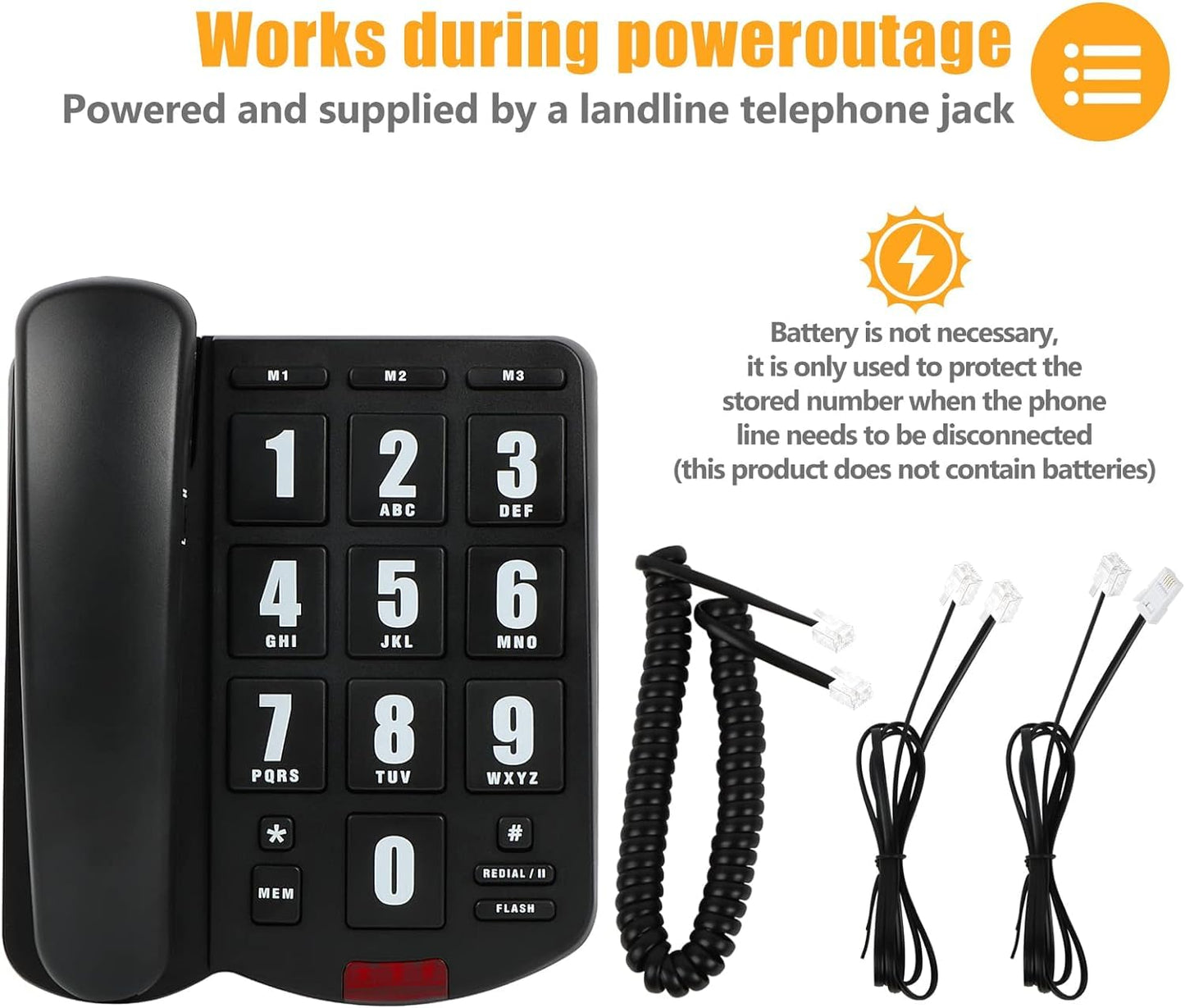 Big Button Telephone with Loud Volume, Uvital Landline Phone Support Adjustable Volume and One-Touch Speed Dials, Multifunctional Corded Telephone for Seniors, Home and Front Desk (Black)