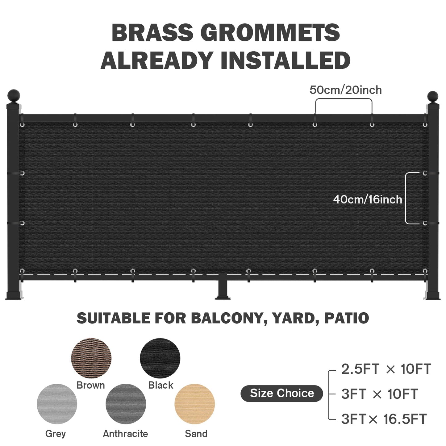 UIRWAY Privacy Screen Balcony Fence 3'x16.5', Garden Courtyard Privacy Fence Screen with Zip Ties UV Protection, for Animal Barriers, Decks, Patios, Outdoor Pools, Porches, Condo Railings - Black