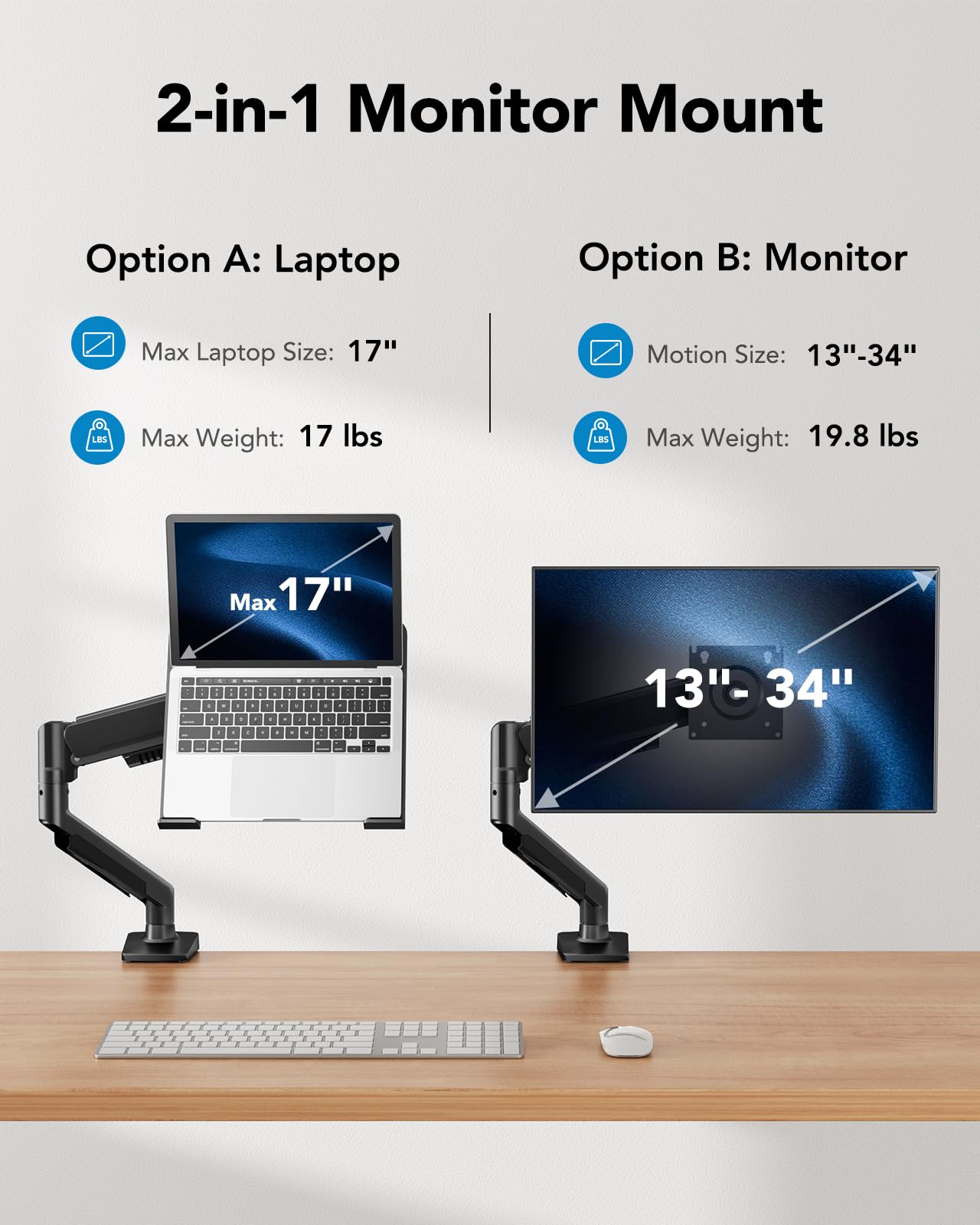 HUANUO 2 in 1 Function Laptop Mount with Tray, Fits 13-34″ Monitors & Up to 17″ Notebook, Ergonomic Laptop Arm with Full Motion Adjustment, Pre-Assembled for Easy Setup, VESA 75x75mm/100x100mm
