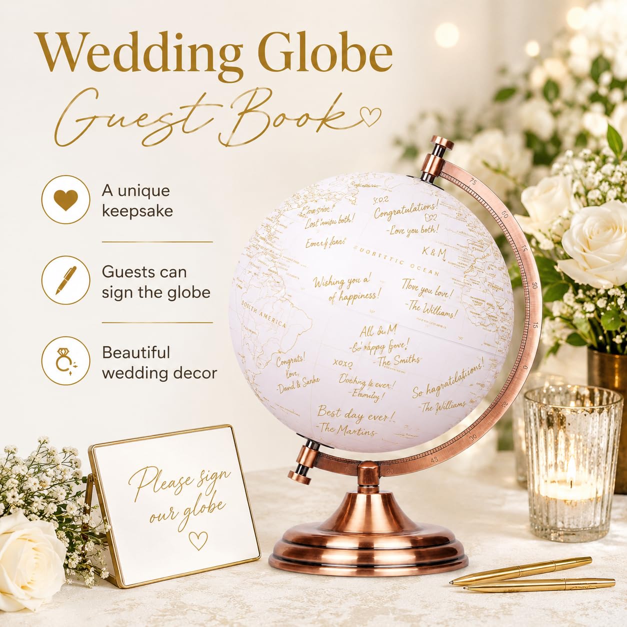 Exerz 20cm(8") Globe Golden and White - Wedding Globe Guest Book - Bronze Metal Arc and Base, Coated in Golden Colour in White (English)