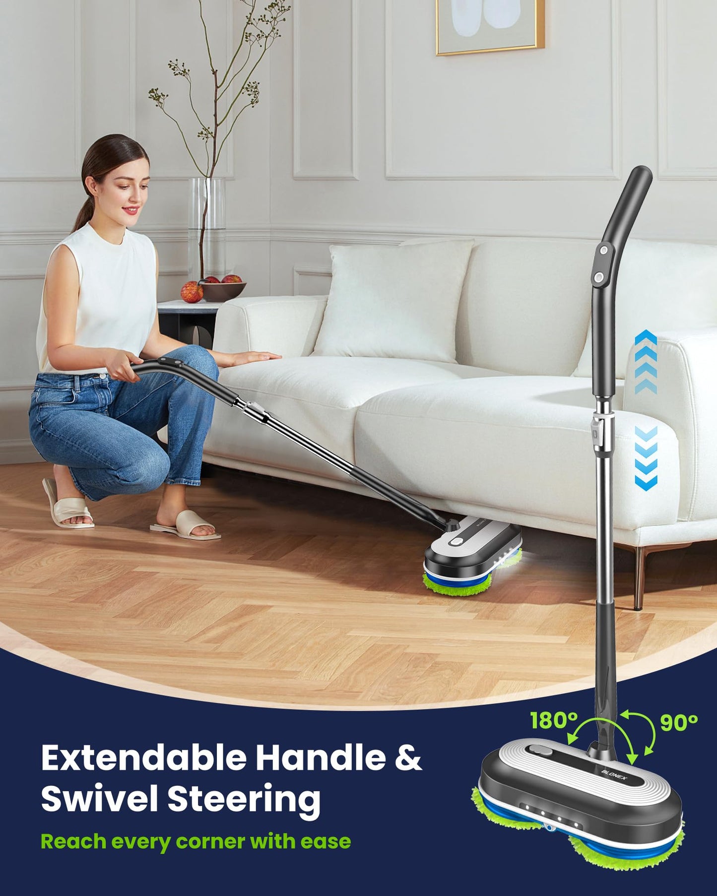 Blonex Cordless Electric Mop, Electric Spin Floor Mop with LED Headlights & Water Sprayer, Long-Lasting Battery, Large 290ml Tank, Self-Propelled Floor Cleaner with Adjustable Tube for All Floors