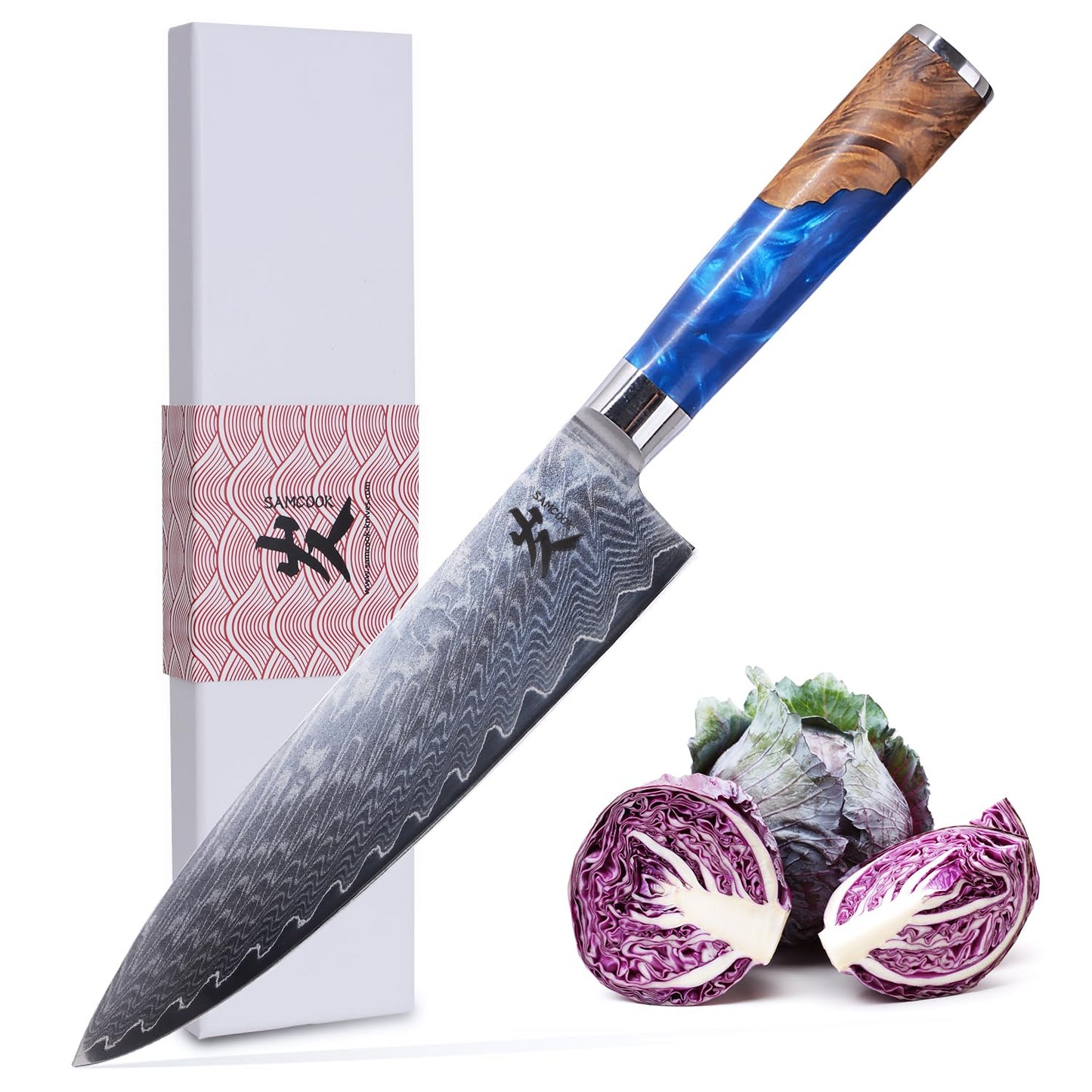 SAMCOOK Damascus Chef Knife - 8 Inch Professional Sharp Gyuto Knife - Japanese VG-10 High Carbon Stainless Steel Kitchen Cooking Knife - Ergonomic Blue Resin Wood Handle with Gift Box