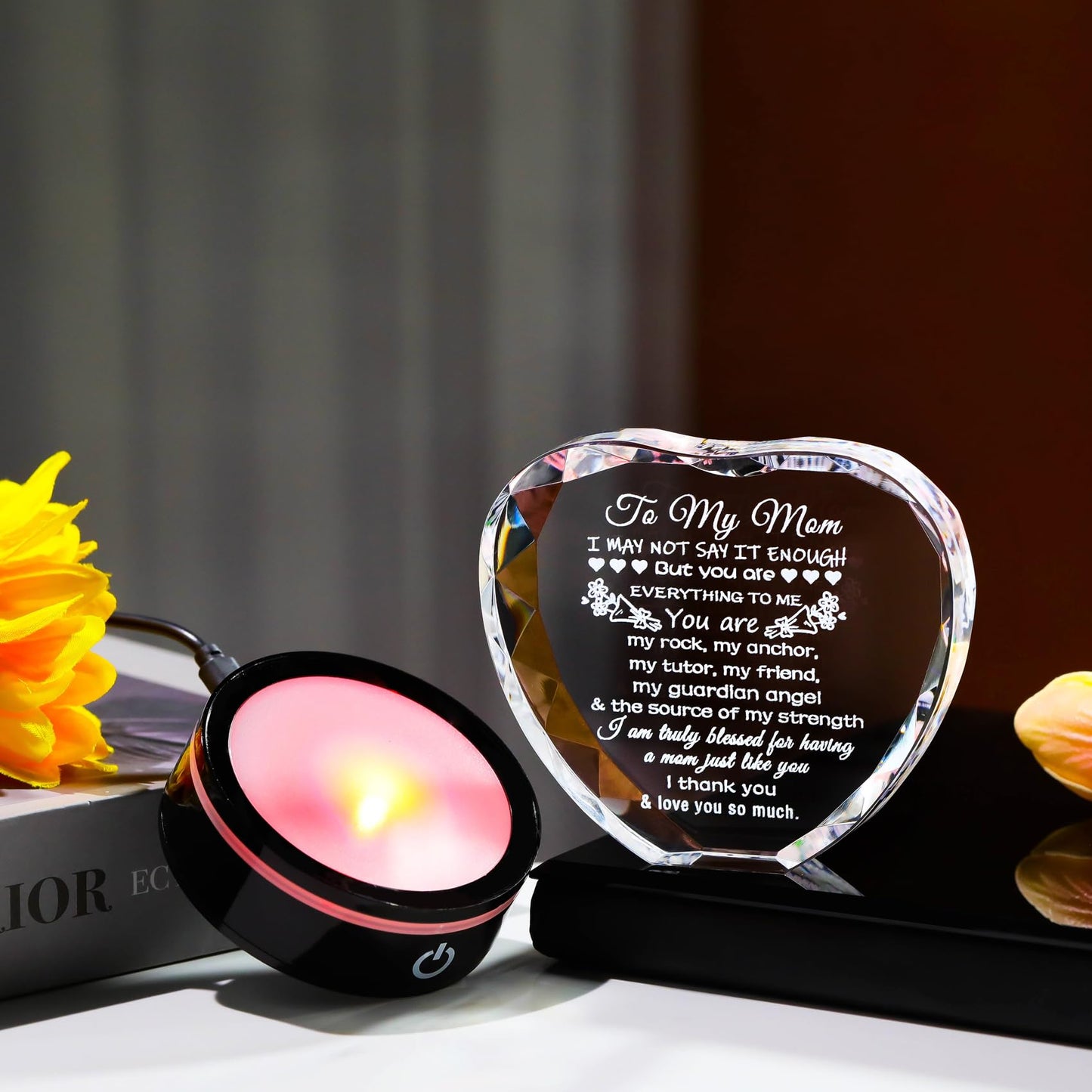 YWHL Gifts for Mom from Daughter Son Moms Birthday Gifts Unique Heart Crystal Laser Words Gift for Mom with Colorful Base on Mothers Day Thanksgiving Day Christmas Valentine's Day
