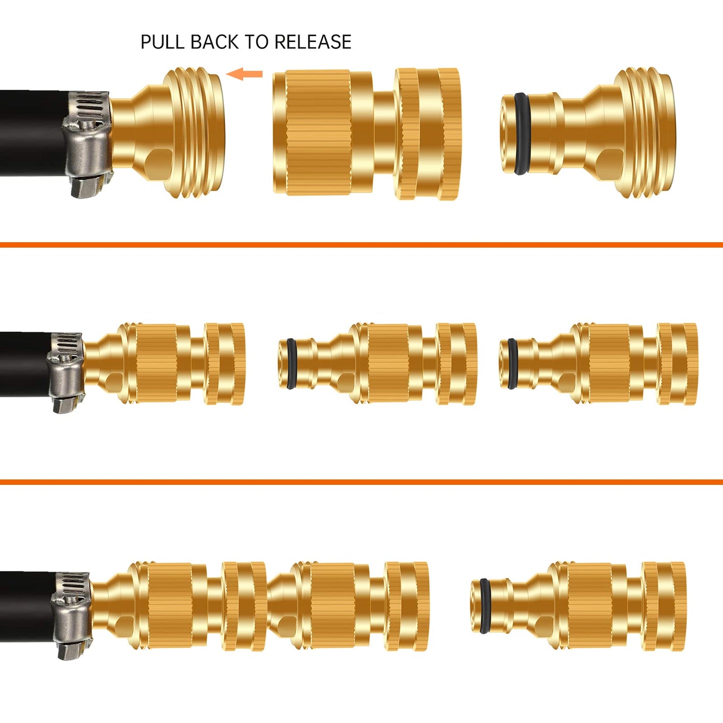 FRQNTKPA Garden Hose Quick Connector, No-Leak 3/4 Inch GHT Thread Fitting Water Hose Female Adapter and Male Adapter, Heavy-Duty Rust Resistant Brass Water Pipe Connect, Easy to Use (6 Pack ）