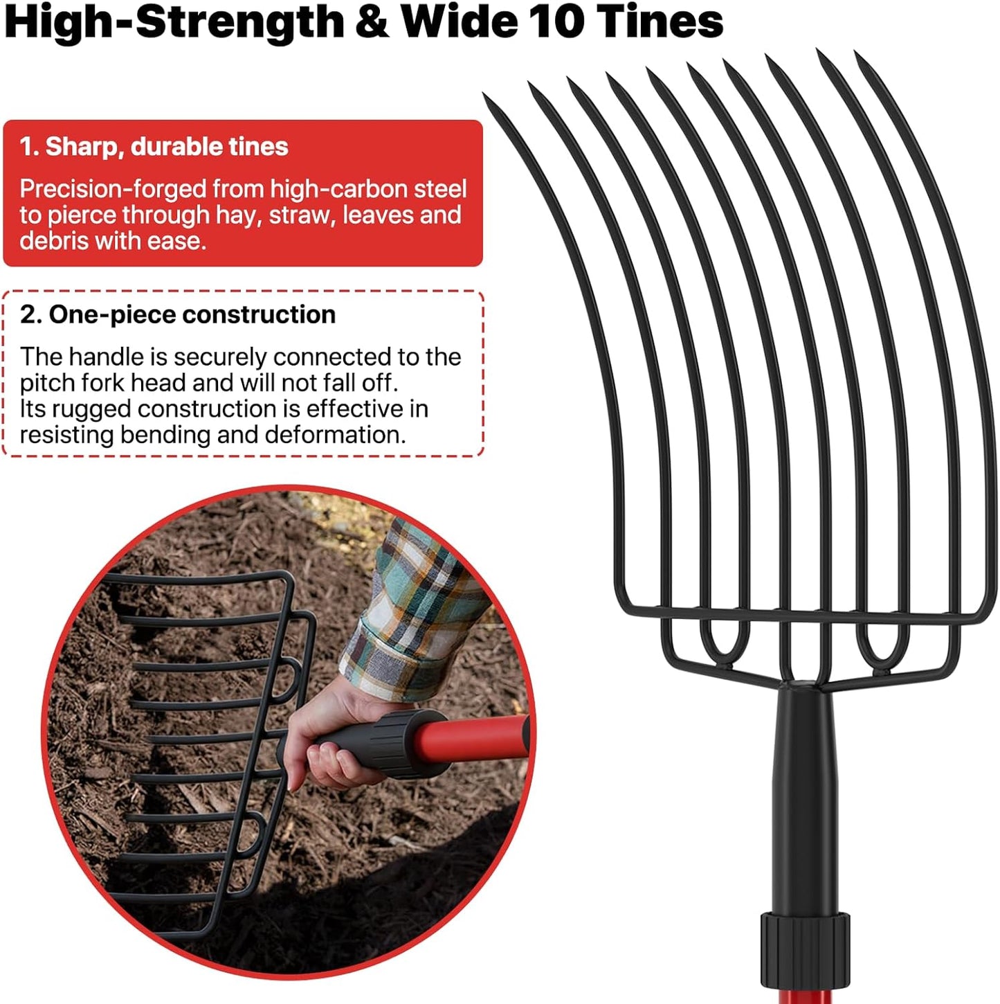 COSITA Pitch Fork for Garden, Wide Pitchfork with 10 Metal Tines, Heavy Duty Garden Fork with Fiberglass Handle 44-Inches, Chicken Coop Pitchforks for Manure, Mulching, Composting, Red
