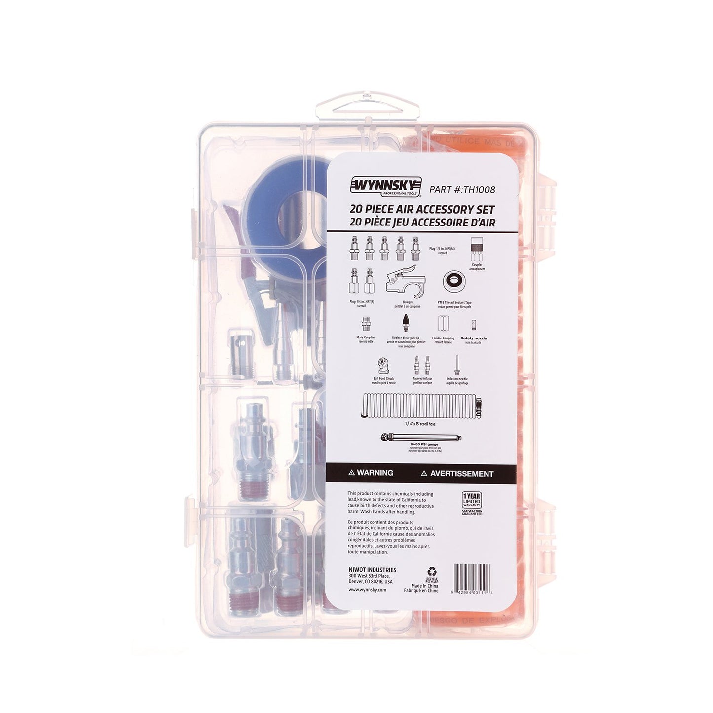 WYNNsky 1/4" NPT Air Accessory Kit - 20 Piece, Air Compressor Hose Toolkit with Coil PU Hose/Blow Gun/Tire Gauge/Storage Case