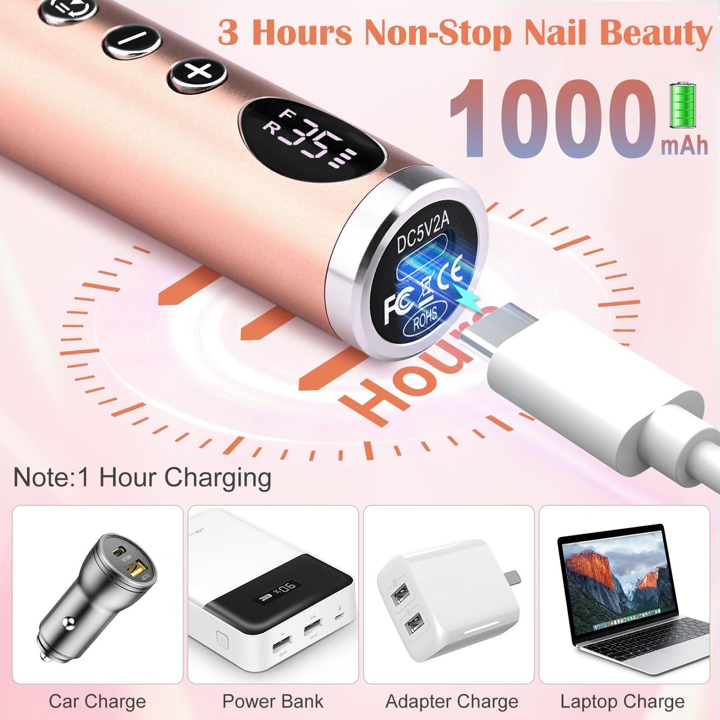Enniewi Electric Nail Drill 35000RPM Professional Cordless E File, Rechargeable Nail Tools for Acrylic Gel Nails, Portable Manicure Pedicure Kit with Travel Bag, 6 Nail Drill Bits