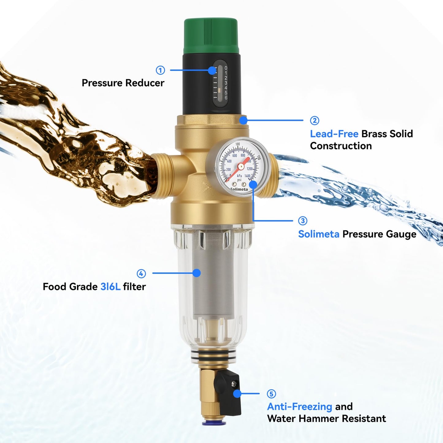 Solimeta Spin Down Sediment Filter with Pressure Reducer and Pressure Gauge, 50/100 Micron Precision, 3/4" NPT