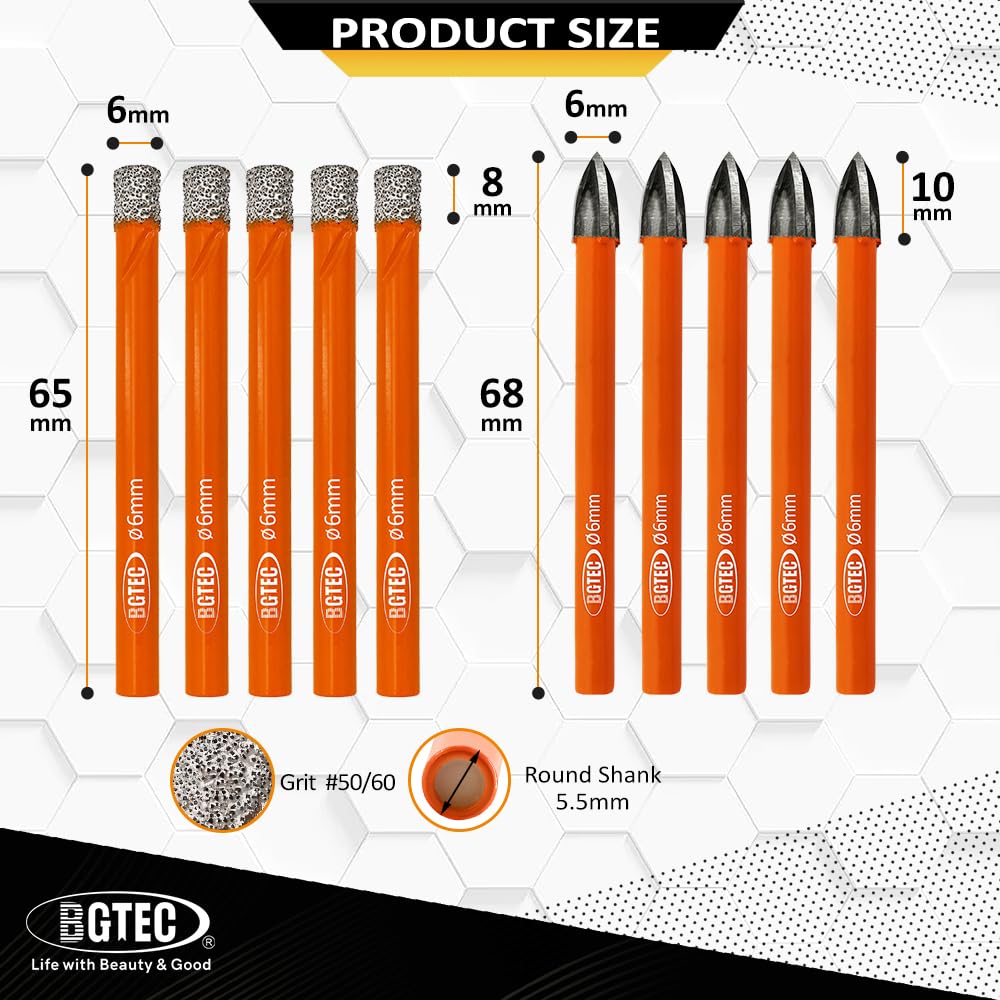 BGTEC Dry Diamond Drill Bits Set - 5pcs 1/4" Tile Drill Bits and 5pcs 1/4" Carbide Drill for Granite Marble Porcelain Ceramic