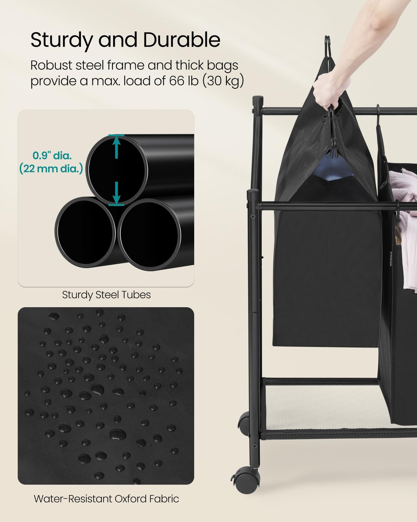 SONGMICS Laundry Sorter, Rolling Laundry Basket with 3 Removable Bags, Laundry Hamper, Laundry Cart, for Laundry Room, Bedroom, Bathroom, 3 x 11.9 Gallons, Ink Black URLS102B01