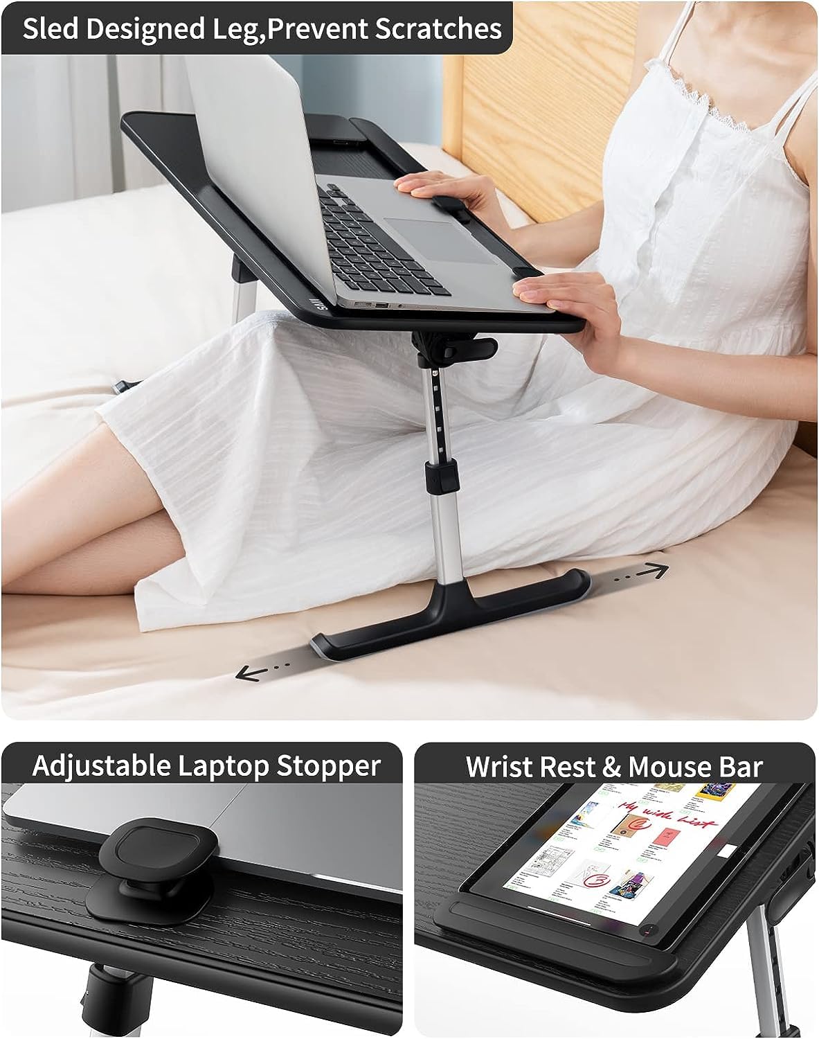 SAIJI Height & Angle Adjustable Laptop Stand for Bed, Lap Desk Bed Tray Table, Light Weight Foldable Portable Laptop table for Couch Sofa Chair Floor Desk for Adults, Kids (Black)