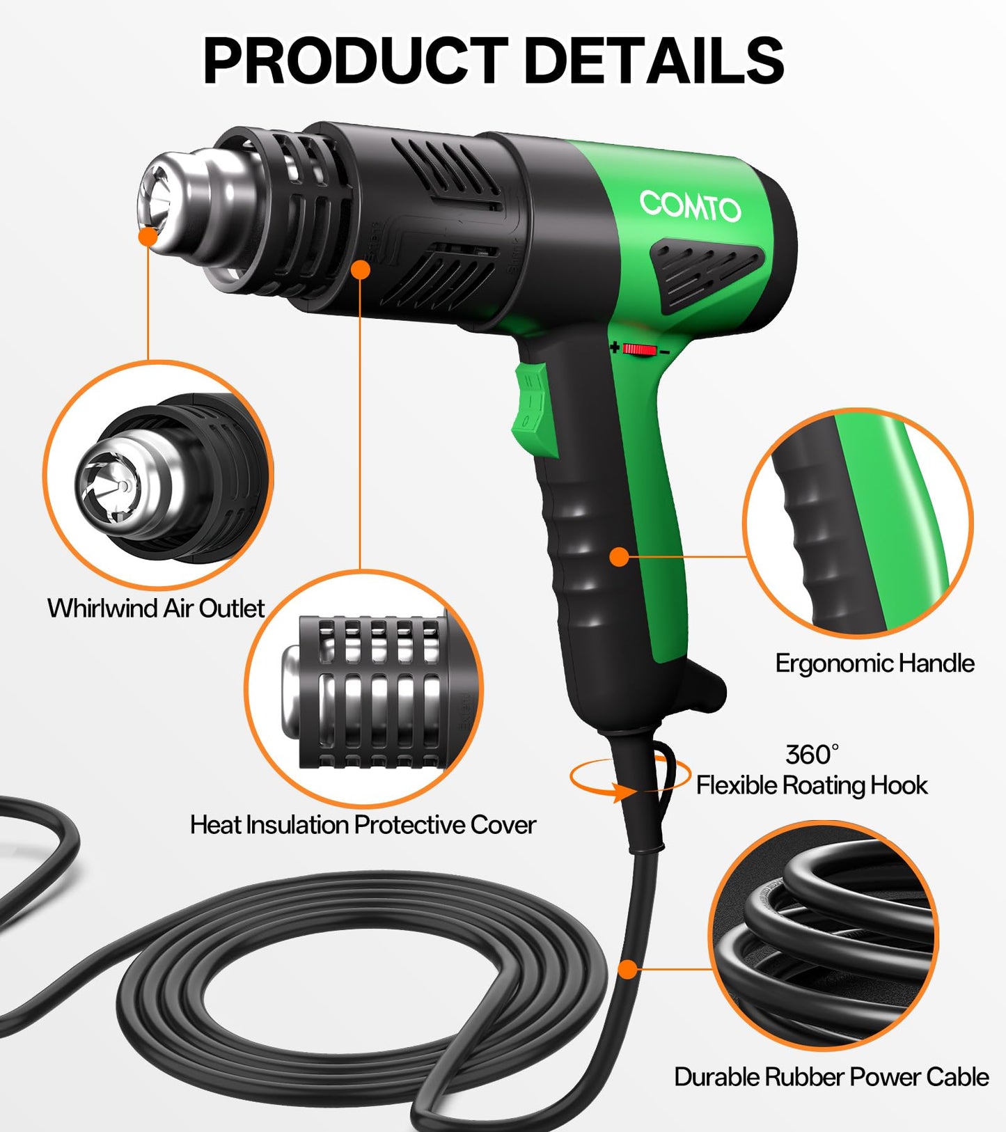 COMTO 1800W Industrial Heat Gun, Fast Heating 122℉-1202℉ Variable Temperature Control Overheat Protection 2 Speed Air Flow with 4 Nozzles for Crafts, Shrinking Tubing, Vinyl Wrap (SG-1004)