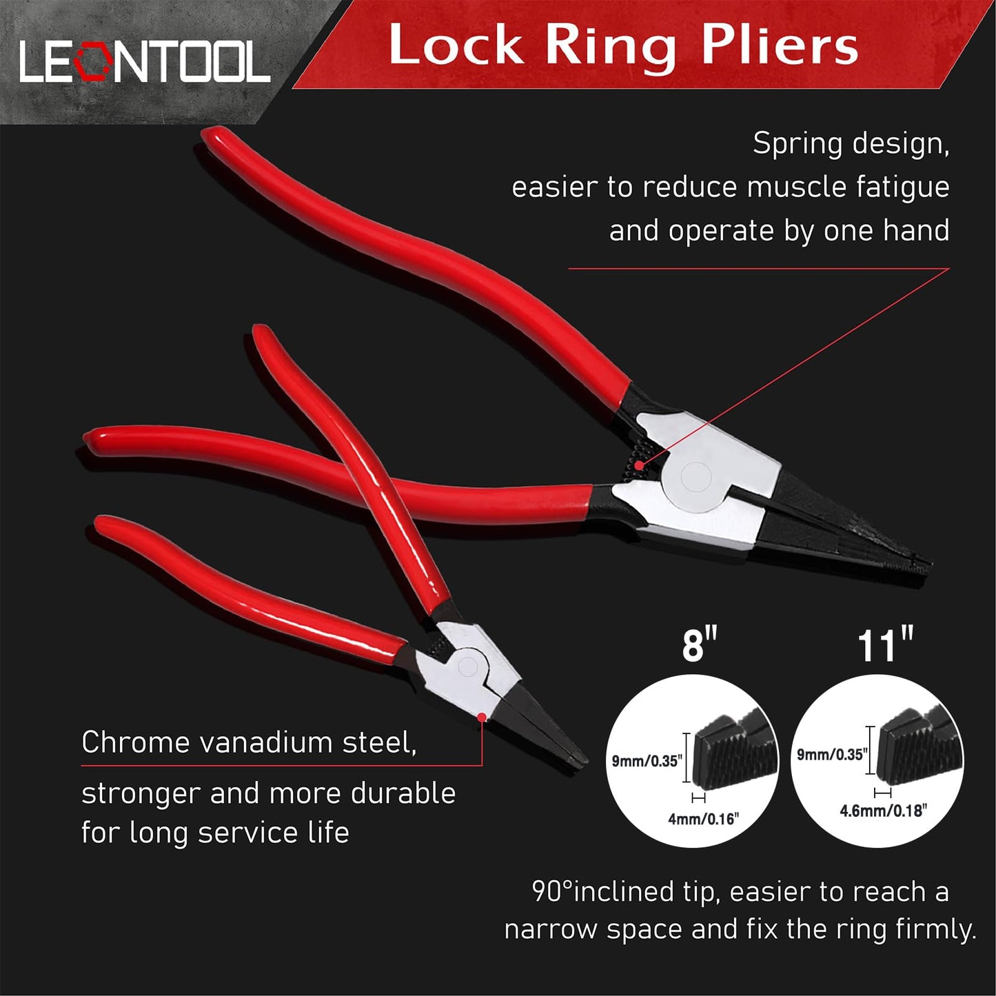 LEONTOOL 2 PCS Heavy Duty Lock Ring Pliers Set Flat Snap Ring Plier Special Circlip Pliers Reverse Retaining Ring Plier for Transmission Transfer Cases Ring Opening