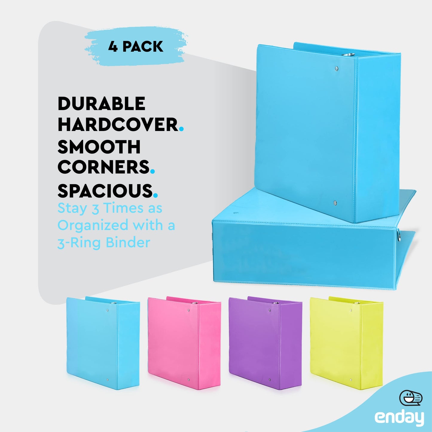 3 Inch Binder 3 Ring Binders, Slant D-Ring 3” Clear View Cover with 2 Inside Pockets, Heavy Duty Colored School Supplies Office and Home Binders Pink, Blue, Purple, Green (4 Pack) – by Enday