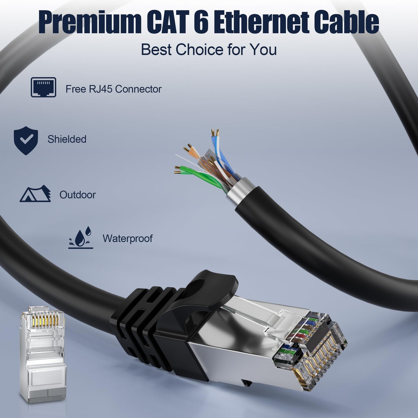 Cat 6 Outdoor Ethernet Cable Bulk 328 ft (20RJ45), FTP Cat 6 Shielded Cable 23AWG, Heavy Duty, Direct Burial, Waterproof, In-Ground, UV Resistant Cat 6 Internet Network Cable for Router Gaming, CCA