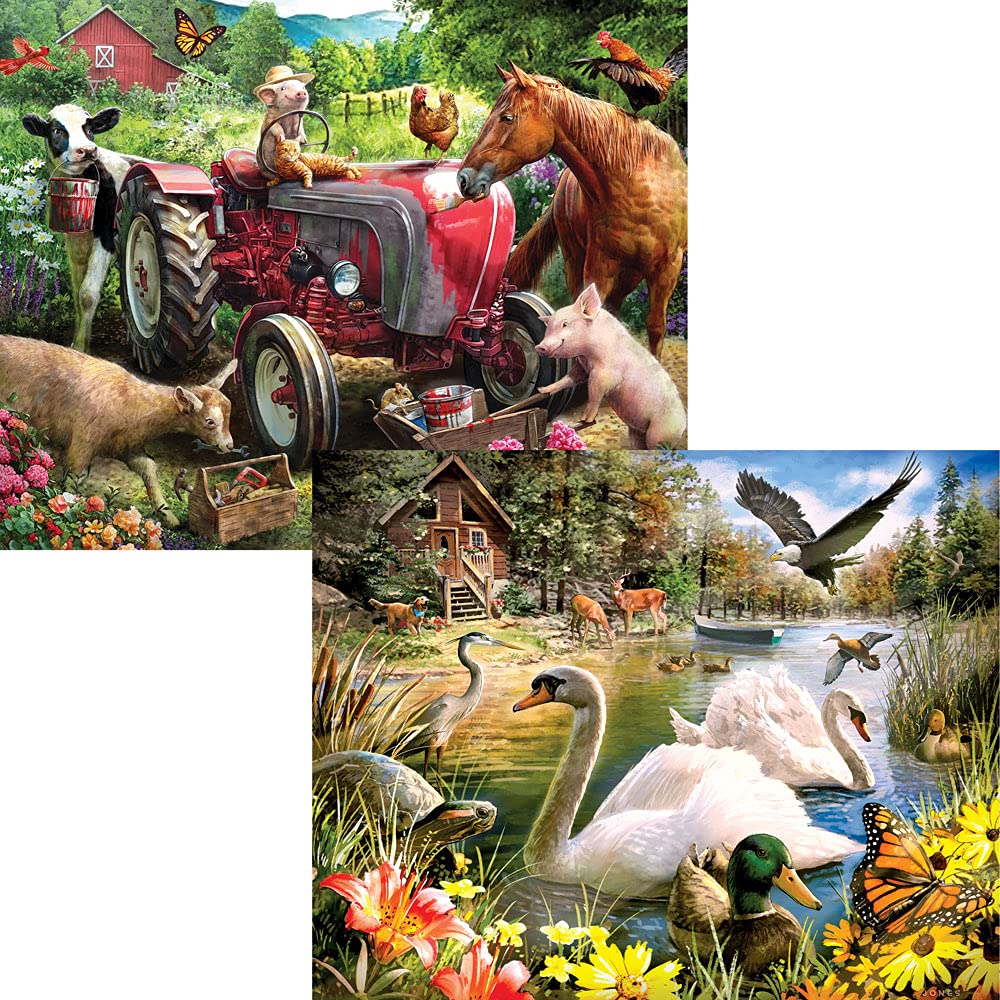Bits and Pieces – 4-in-1 Multipack Jigsaws 500 Piece Puzzles for Adults - Puzzles Measures 48cm x 61cm – Picnic Surprise Pickup Tractor Summer Retreat 500 pc Multipack Jigsaws by Artist Larry Jones