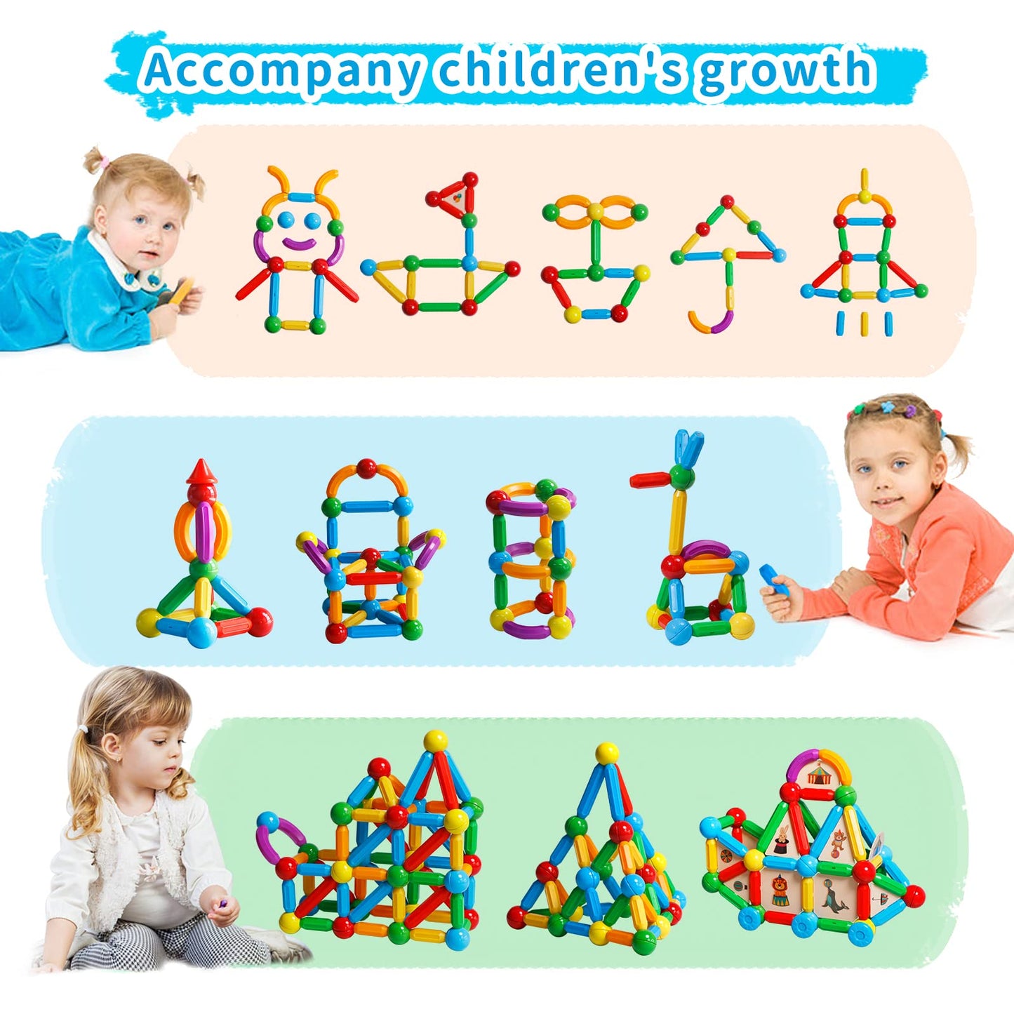 TOKBLOK Magnetic Blocks Toys for 3 Years Old Girls Boys Magnetic Building Sticks Preschool Educational Learning STEM Toddler Montessori Magnet Toys Kids Gift