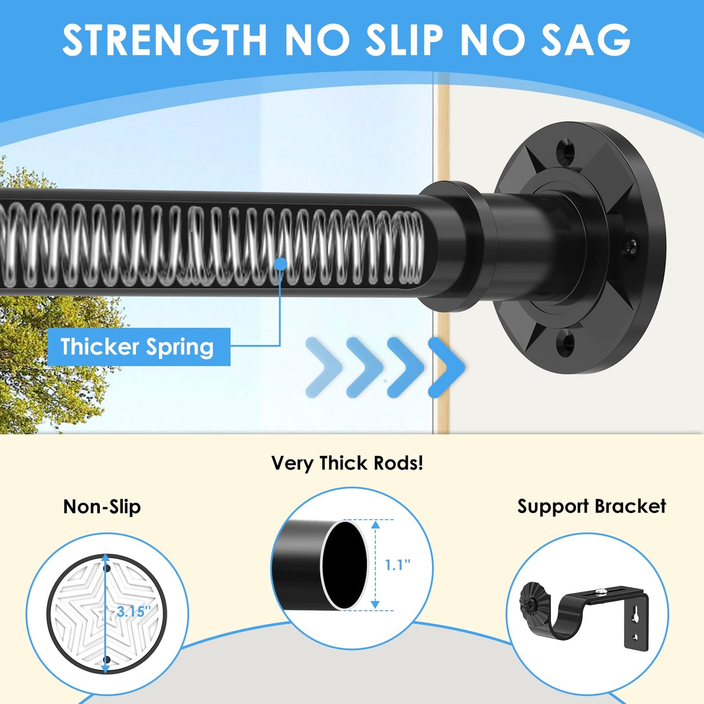 Tension Curtain Rod Extra Long Outdoor Curtain Rod Black Shower Curtain Rods No Drilling 31-168 In（2.58-14Ft）Adjustable Spring Tension Rods Heavy Duty for Bathroom Patio Window Rust Proof