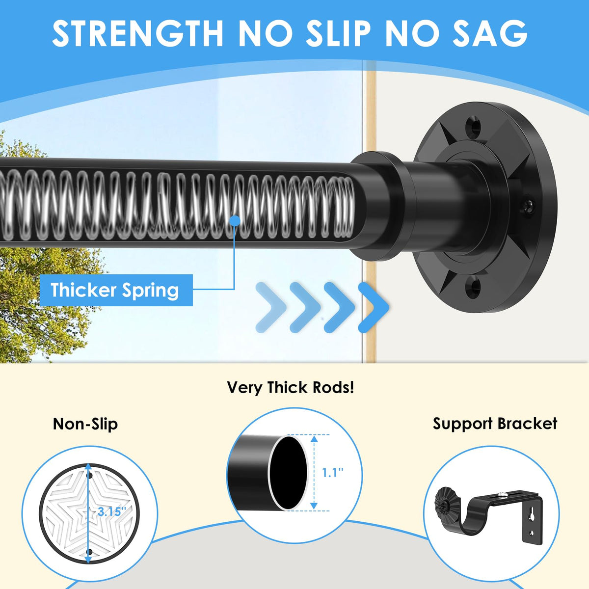 Outdoor Curtain Rod 31-144 inch Adjustable Long Spring Black ShowerTension Curtain Rod Extra Long Outdoor Rods for Patio Bathroom Windows No Drilling, No Rust