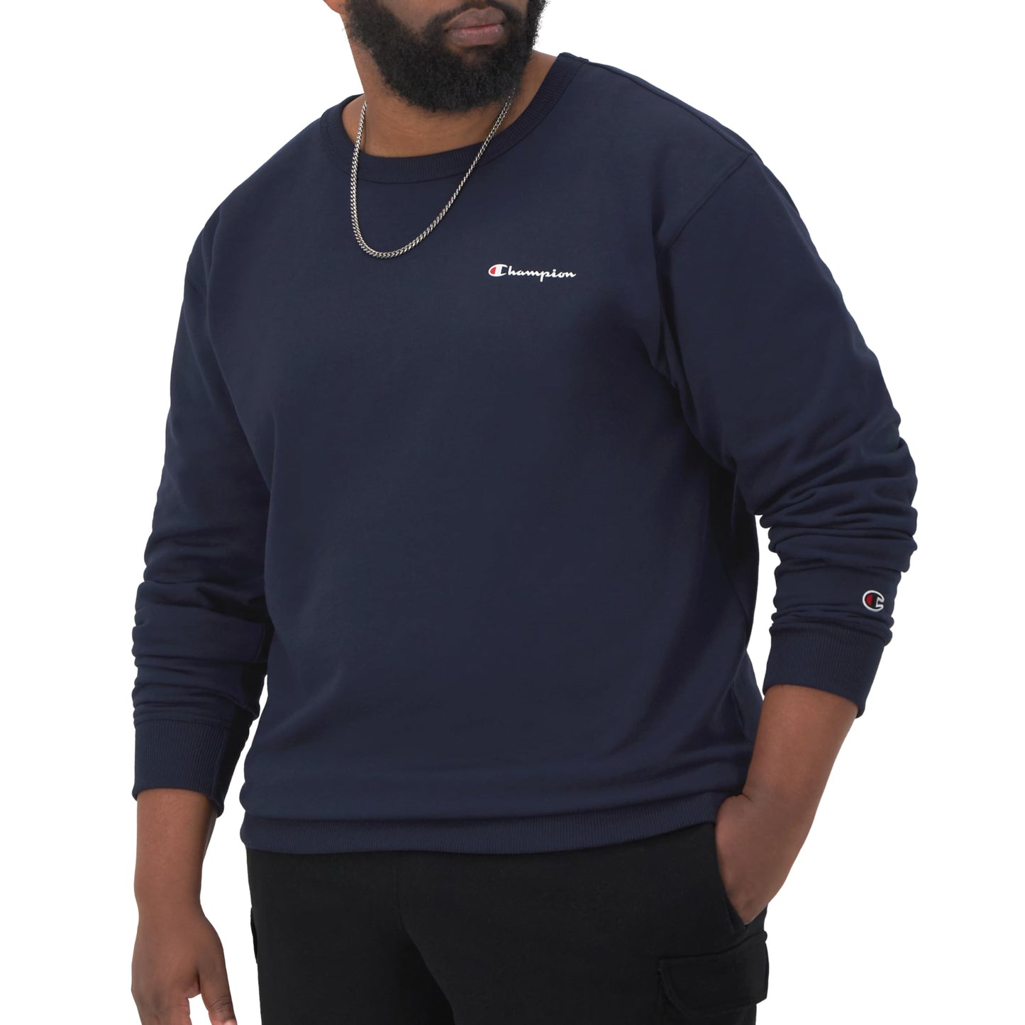 Champion Men's Sweatshirt, Powerblend, Fleece Midweight Crewneck Sweatshirt (Reg. Or Big & Tall), Navy Small - Small Script Logo, X-Large