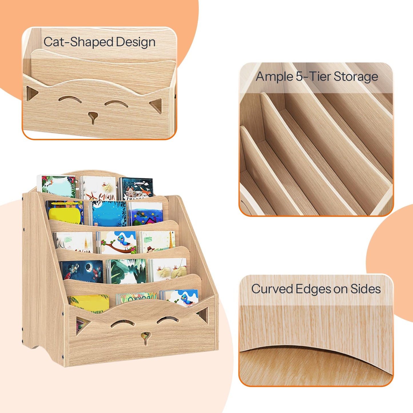 HOOBRO Kids Bookshelf, 5-Tier Book Shelf for Kids Room, Toddler Bookshelf, Baby Bookcase Display Shelves, Kid Book Rack Storage for Playroom and Nursery, Boys & Girls, Natural NL50CW01