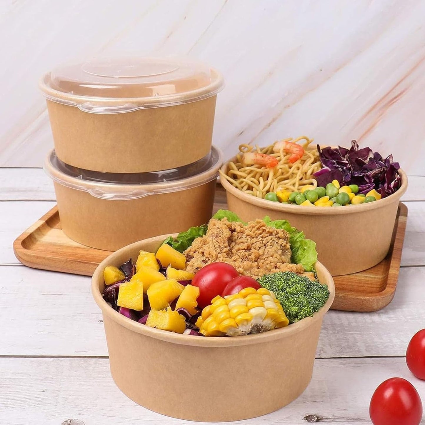 50 Pack Kraft Paper Bowls with Lid | 25 Oz Disposable Soup Salad Serving Bowls to Go Food Container forParty Dessert, Ice Cream, Yogurt, Microwave Freezer Safe