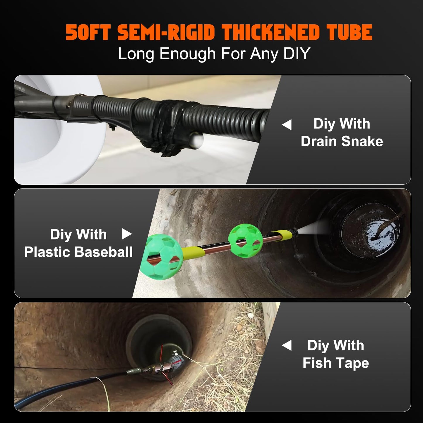 50FT Triple Lens Sewer Inspection Camera, 5" IPS Screen Industrial Borescope, 1080P HD Endoscope With Light, IP67 Drain Pipe Snake, Split Screen, 32G Storage Card, Carrying Case