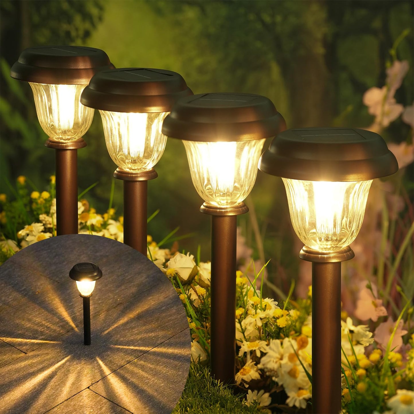 DERAYSION Solar Lights Outdoor 6 Pack, Stainless Steel Glass Solar Pathway Lights, Auto On/Off Long-Lasting Waterproof Landscape Lighting for Garden, Landscape, Path, Yard, Warkway (Warm White)