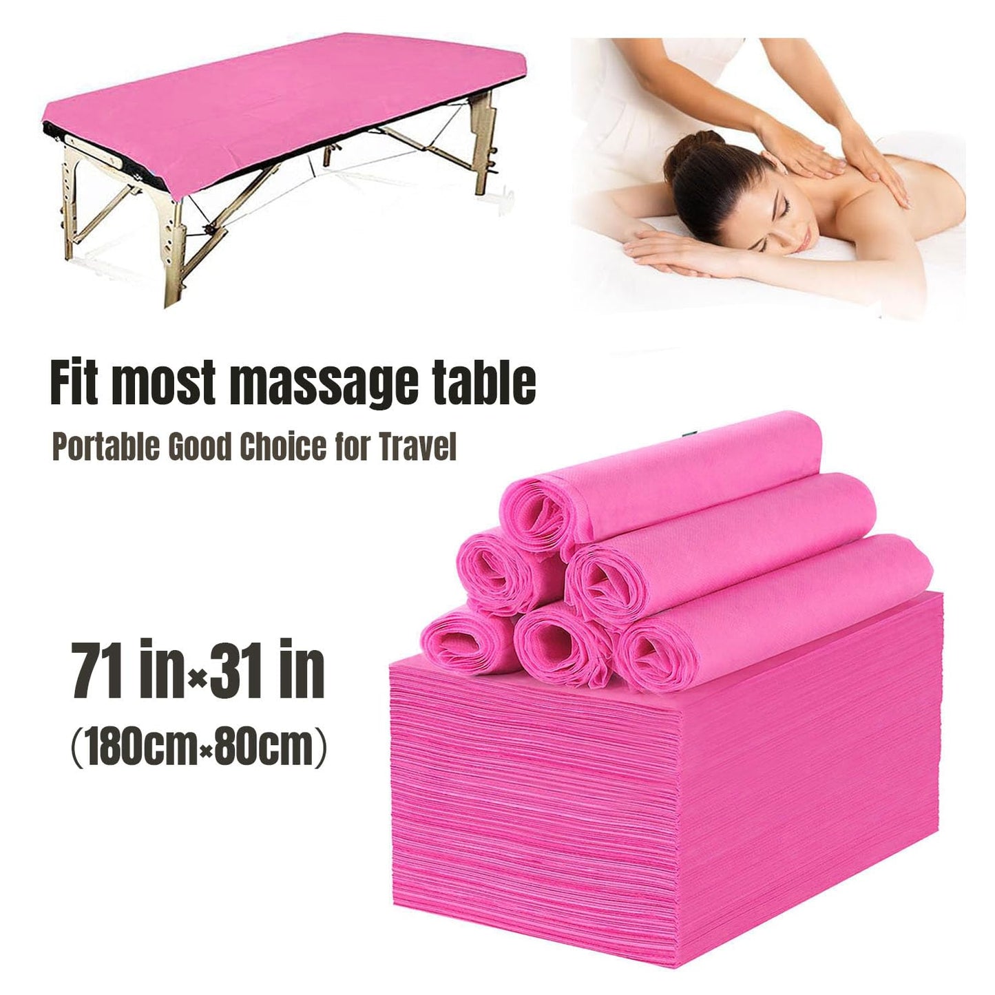100 PCS Disposable Massage Table Sheets Spa Bed Covers 71"x31" -Non Woven Fabric Waterproof Protector for Waxing, Tattoo, Beauty Salon,Esthetician Table Bed (Pink)
