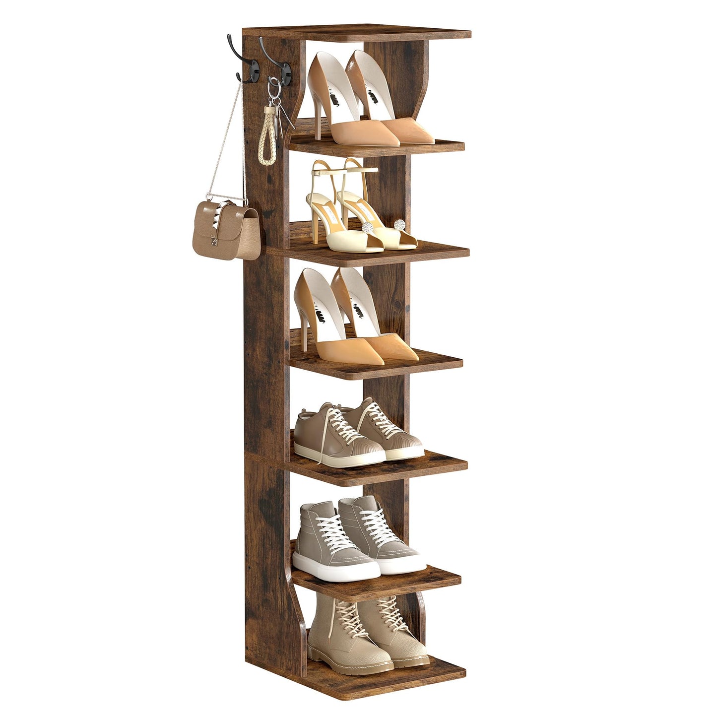 VASAGLE 7-Tier Vertical Shoe Rack, Narrow Shoe Storage Organizer with Hooks, Slim Corner Tower Shelf, Space-Saving for Entryway and Bedroom, Rustic Brown ULBS200KD01