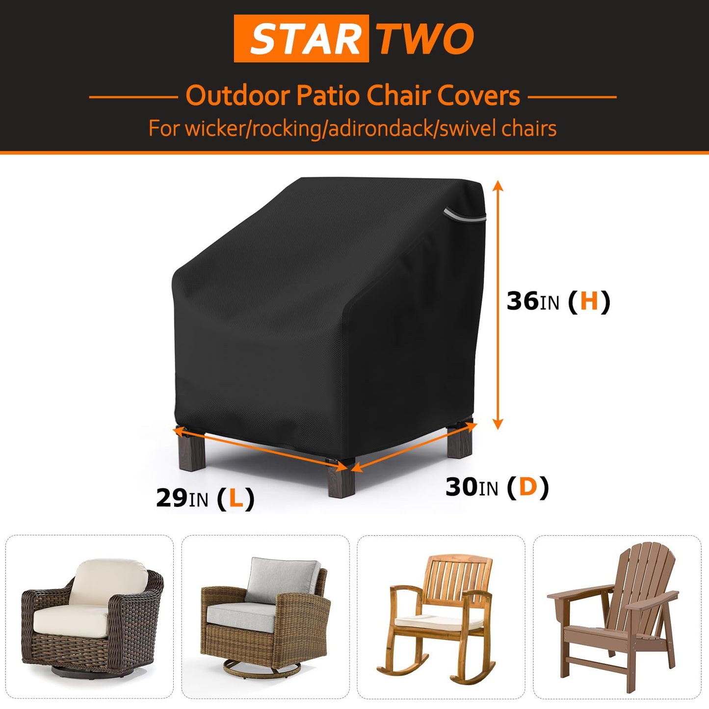 STARTWO Patio Chair Covers 2 Pack,Heavy Duty Outdoor Furniture Covers Waterproof Fit for Lounge Deep Seat 29" W x 30" D x 36" H,Black