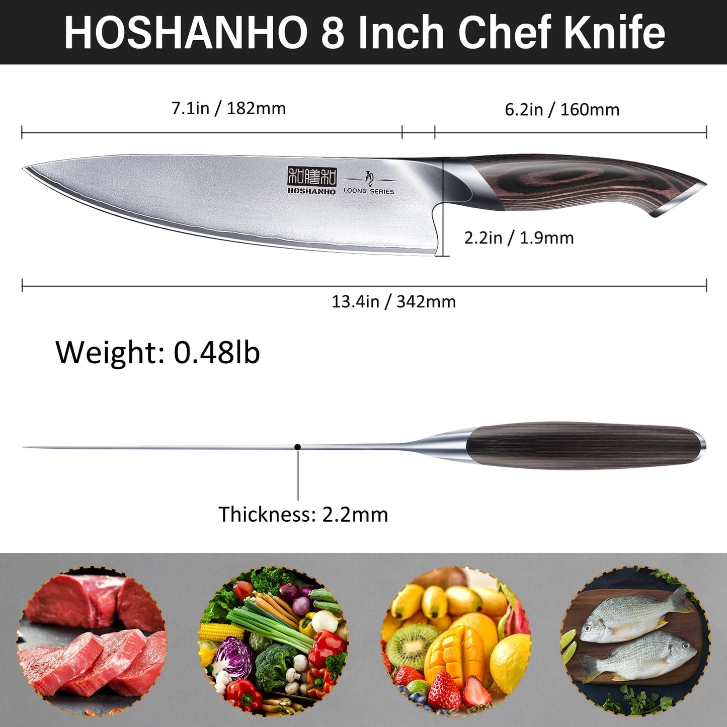HOSHANHO Kitchen Knife in Japanese High Carbon Steel, High-Class Chef's Knife 8 inch Professional Cooking Knife, Non-Slip Ultra Sharp Knives with Ergonomic Handle
