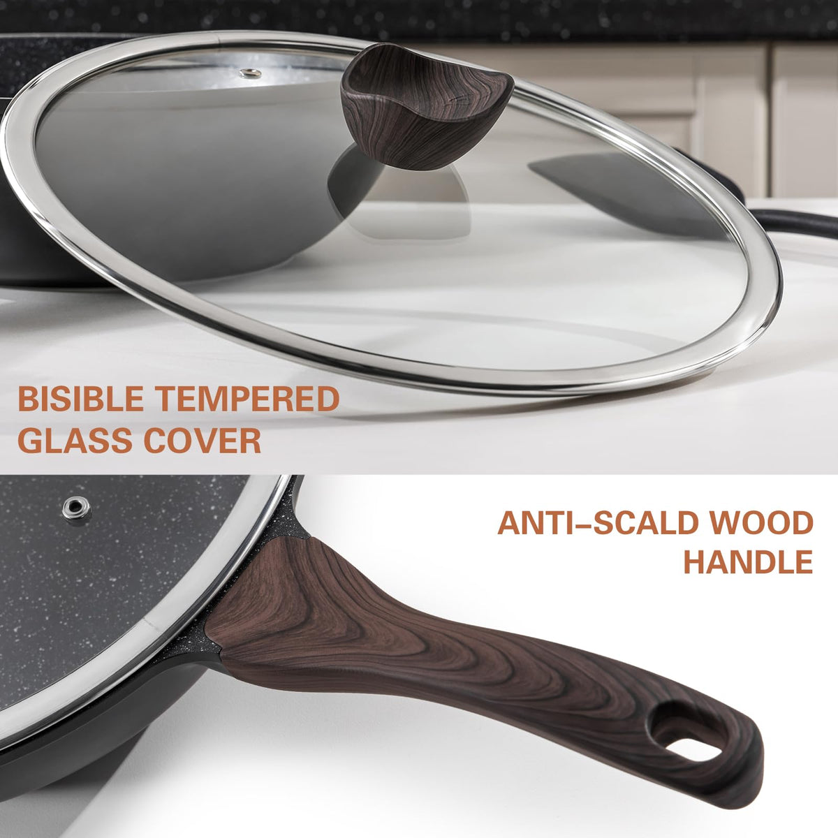 Kordisen Wok 30 cm, Induction Wok with Lid, Non-stick Stone Coating, Suitable for All Frying Pans, PFOA Free