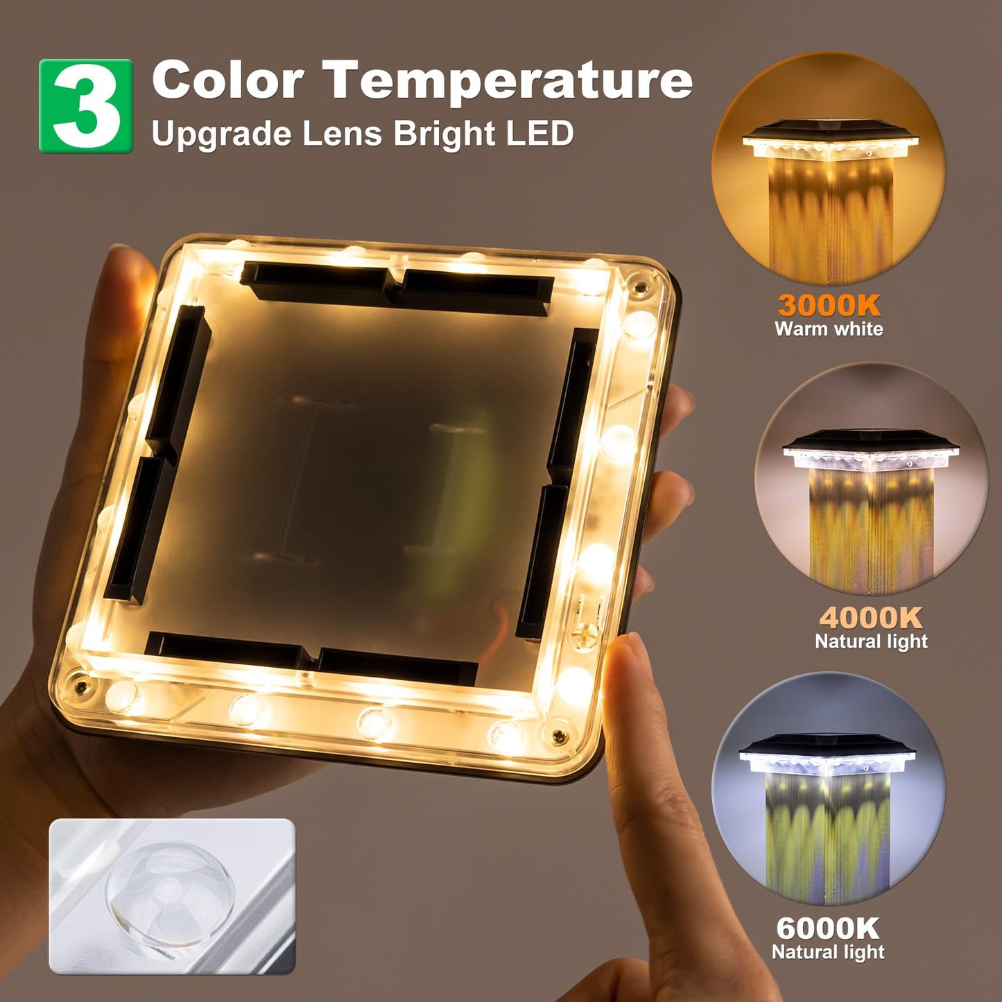 Upgraded Solar Post Cap Lights Outdoor 8pack, 3-in-1 Selectable Color (Warm White/Cool White/Daylight), Waterproof Downward Lighting for 4x4 Wood/Vinyl Fence Posts, Ideal for Deck Yard Stair Railing
