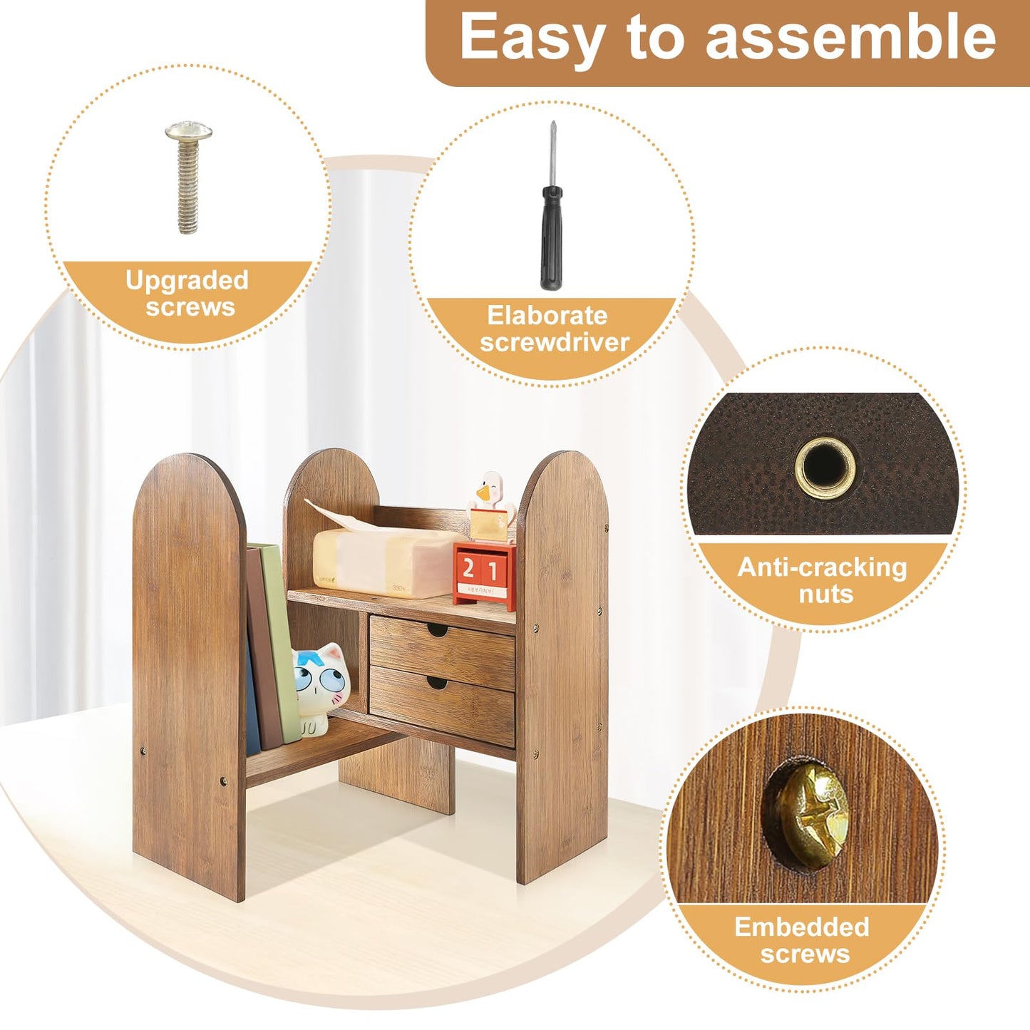 Sunhoo Desktop Bookshelf Organizer Adjustalbe Desk Shelf with Drawers Bedroom Bamboo Shelves Expandable Countertop Bookcase Standing Shelf for Office Supplies Seasoning Plants Books