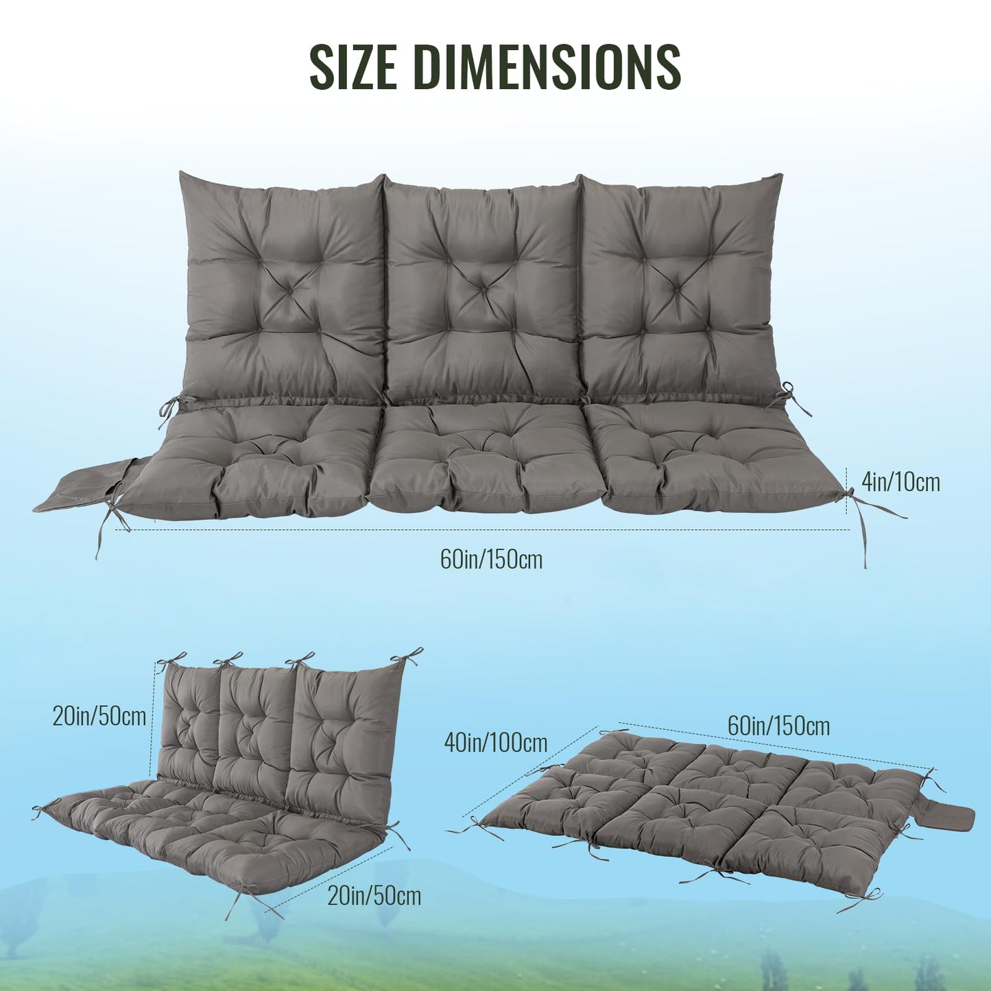 3 Seat Cushion for Outdoor Swing - 60x40 inches, 4" Thick Porch Swing Cushions with Ties and Storage Bag, Soft Bench Replacement Cushions for Patio, Outdoor, Backyard and Garden (Dark Gray)