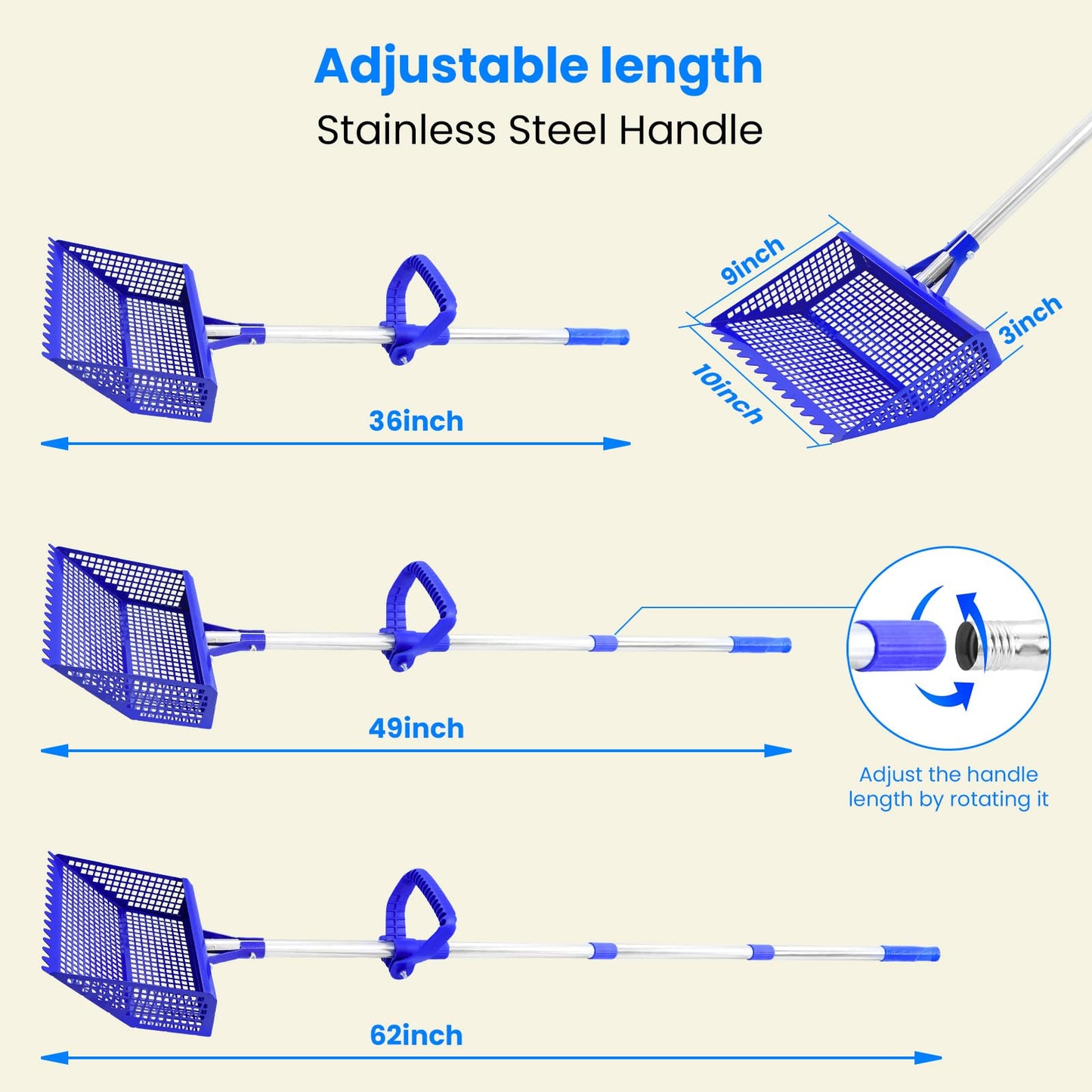 Chicken Poop Scooper Rake 2-in-1, Metal Shovel Head Chicken Coop Accessories, Adjustable 304 Stainless Steel Handle, Litter Scooper Sand Sifting for Chicken Coops Small Farm Animals(36" to 62")