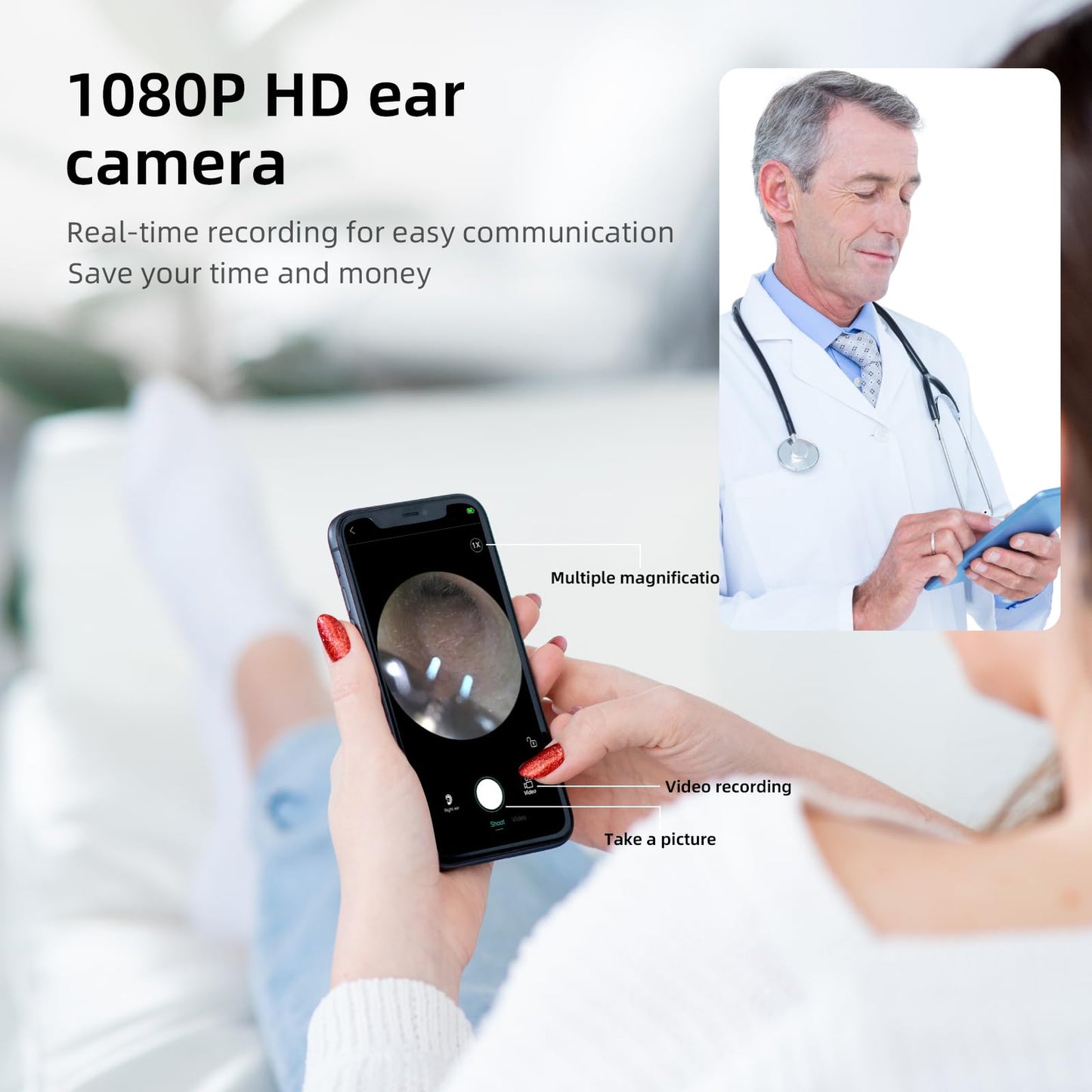 Qimic Ear Cleaner Camera with Tweezers - 1080P Ear Wax Removal with Light and Camera, IP67 Ear Camera, Ear Cleaner with Flexible Tweezers, Ear Camera Otoscope for iPhone, Android(Blue)