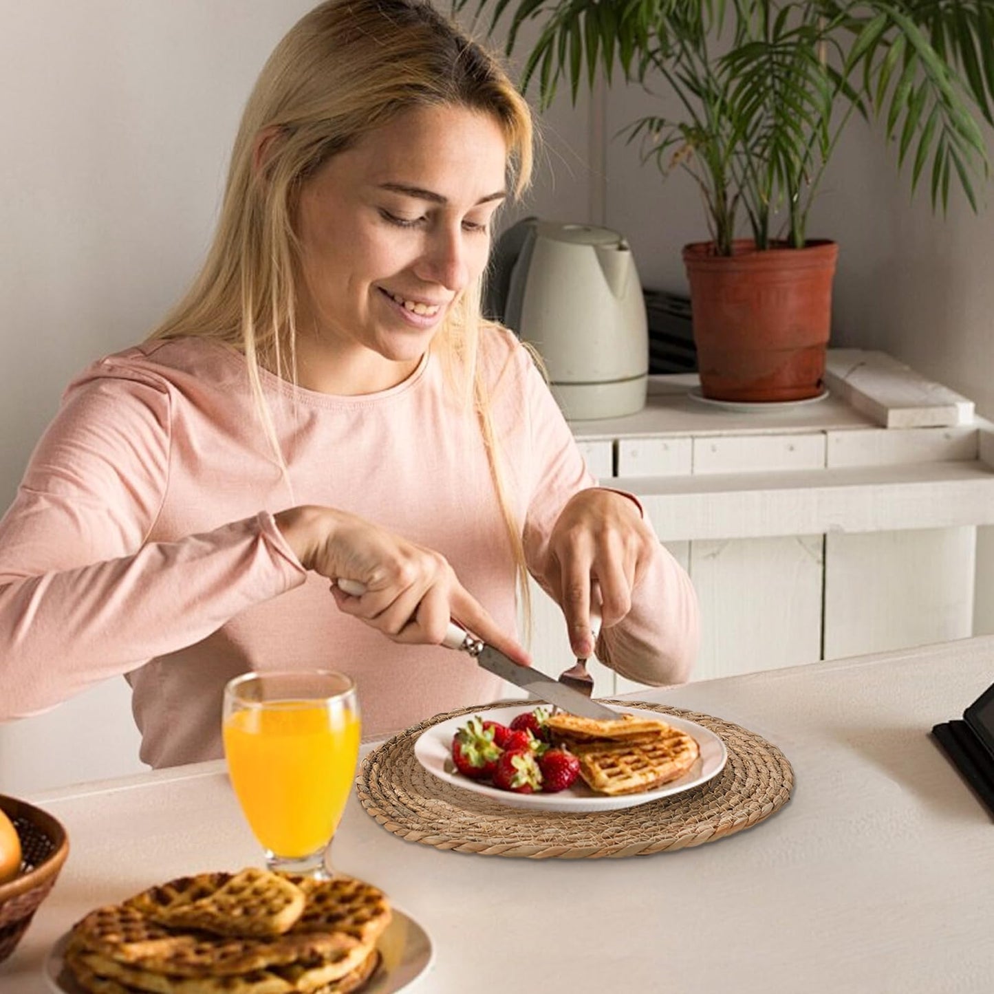 Round Woven Placemats Set of 12, 13.5 inch Boho Rattan Chargers for Dinner Plates, Rustic Wicker Place Mats, Hand-Woven from Natural Hyacinth, for Dining Table, Farmhouse, and Thanksgiving