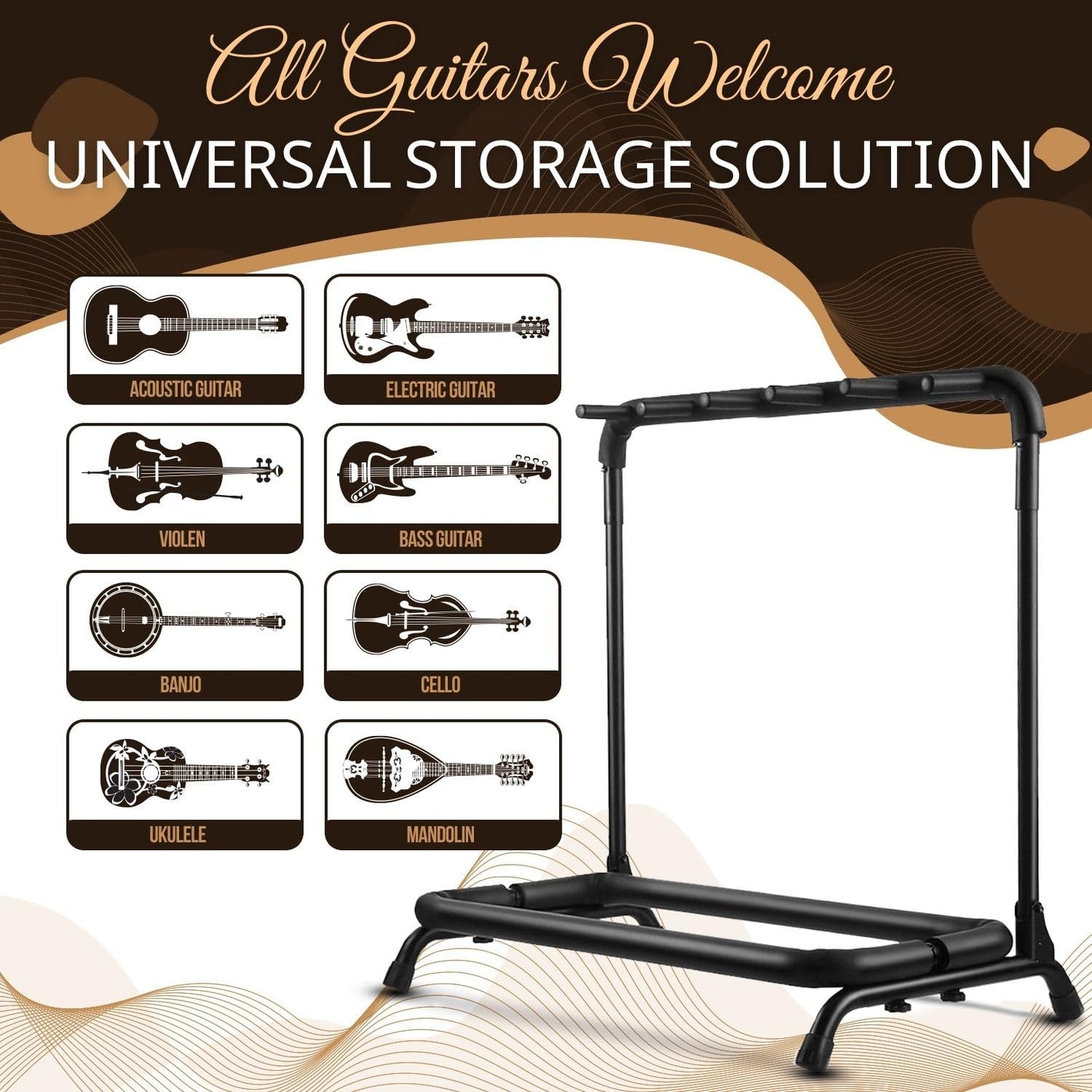 Flexzion 5 Guitar Stand Rack - Metal Construction Multi Guitar Rack & Guitar Organizer, Foldable 5 Guitar Holder Stand with Padded Foam Tubing for Electric, Acoustic, Classical Guitars & Basses